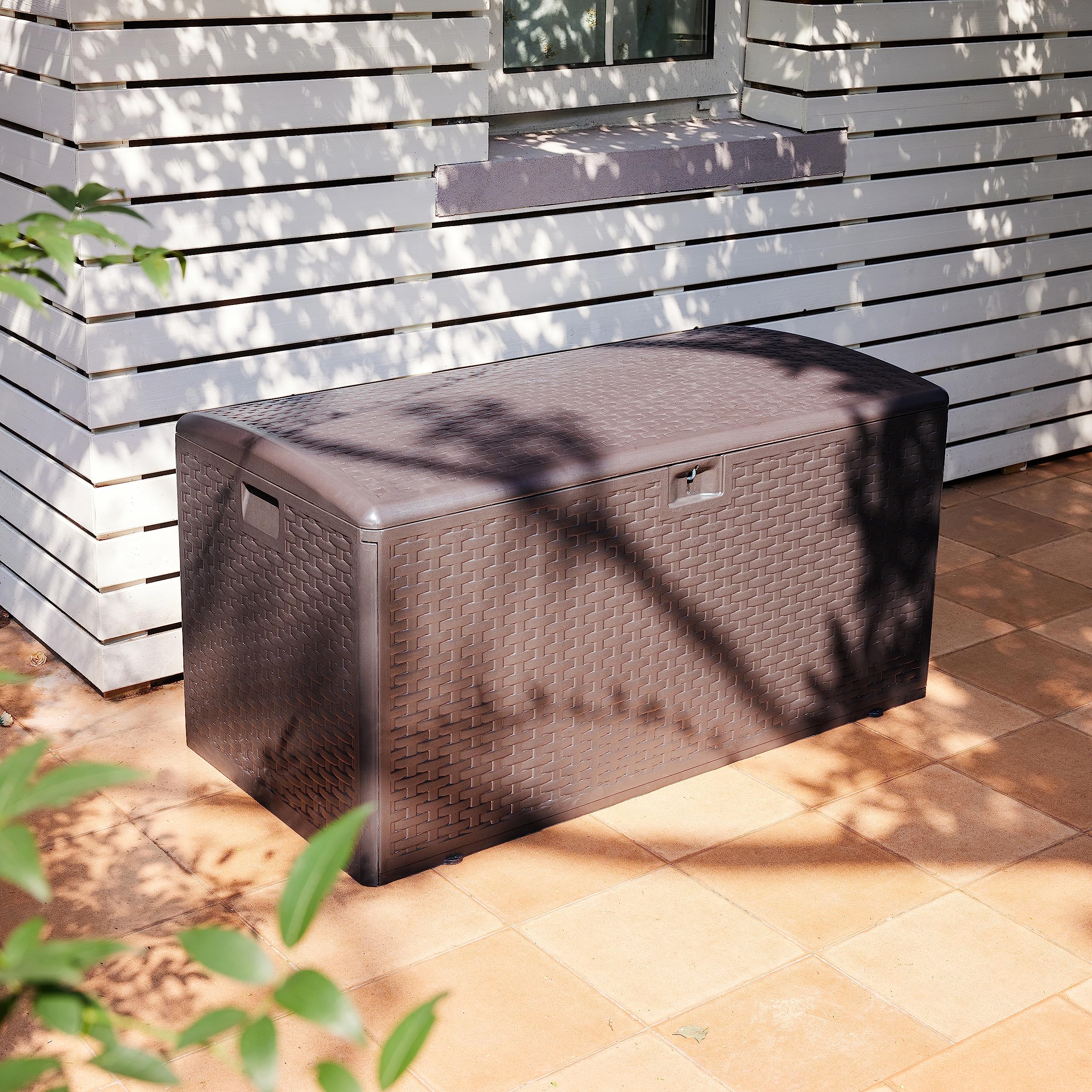 Amazon Basics 99 Gallon Outdoor Patio Storage Deck Box - Waterproof & Weather-resistant Deck Box for Patio Furniture Cushions, Garden Tools, Pool Accessories - Perfect for Backyard, Deck, and Poolside Storage (Brown)