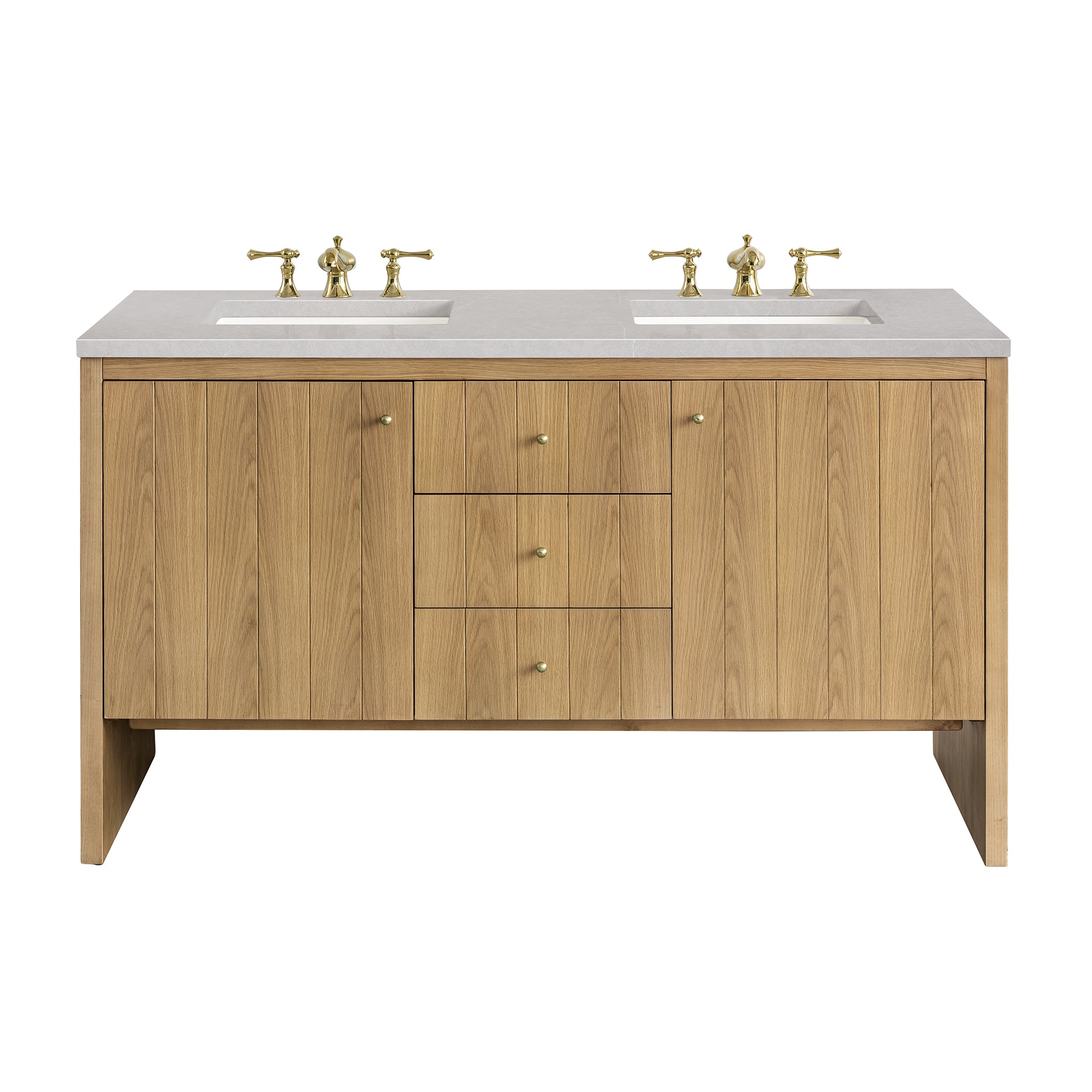 60-Inch Hudson Double Bathroom Vanity with Light Natural Oak Finish & 3CM Eternal Serena Quartz Top – Perfect for Master Bathroom Renovation & Modern Home Decor