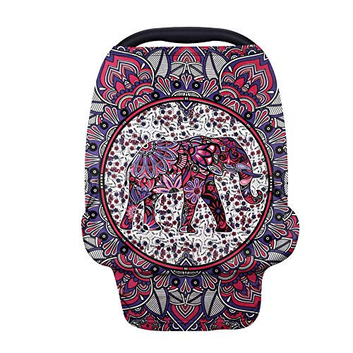 Breathable Stretchy Baby Car Seat Cover & Nursing Scarf - Aztec Elephant Print Infant Car Canopy, Soft Elastic Shopping Cart Cover for Breastfeeding Moms | Perfect for Car Travel, Shopping & Outdoor Activities