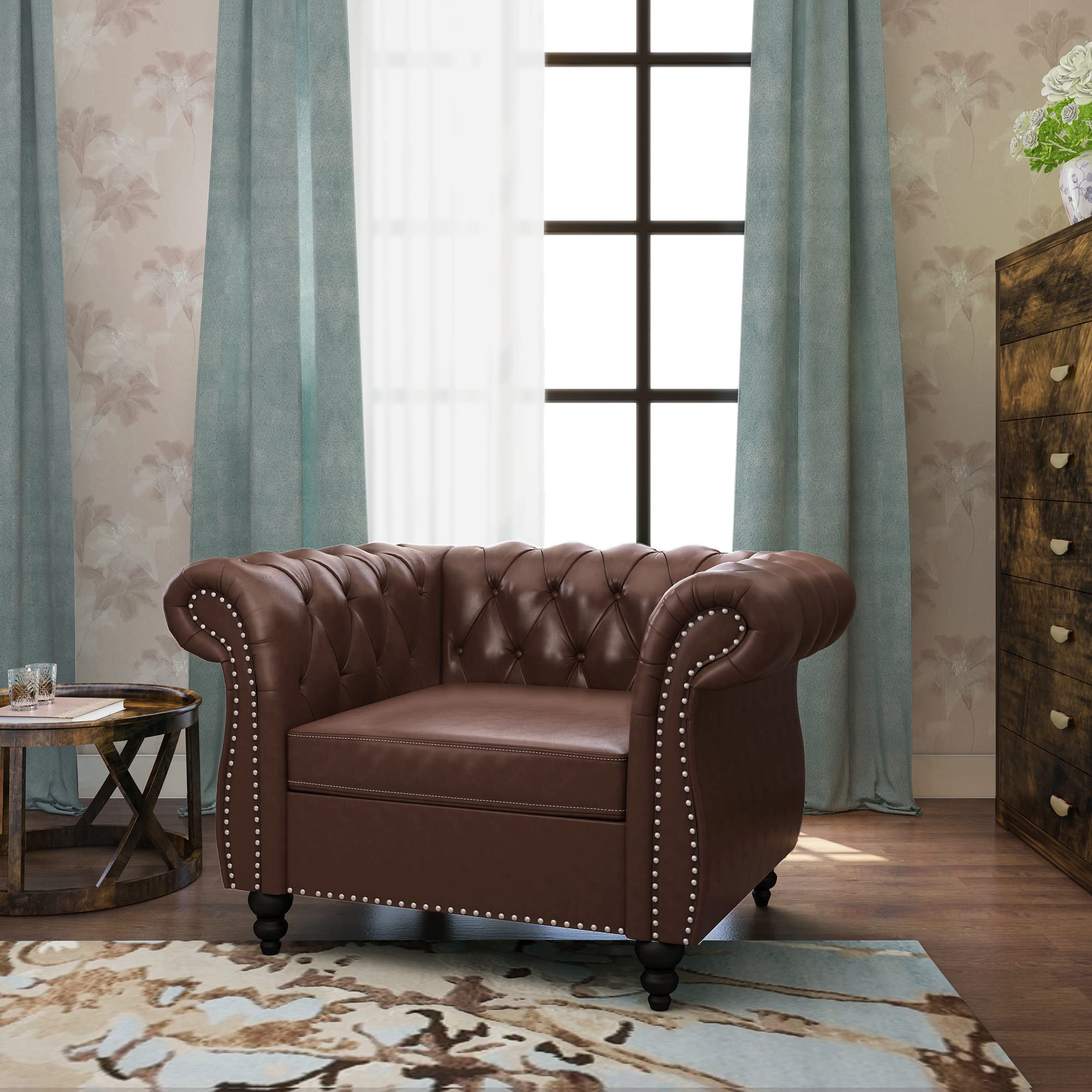 2-Piece Chesterfield Leather Sofa and Loveseat Set with Scroll Arms & Nailhead Trim - Dark Brown Living Room Furniture for Home, Office, and Lounge Areas