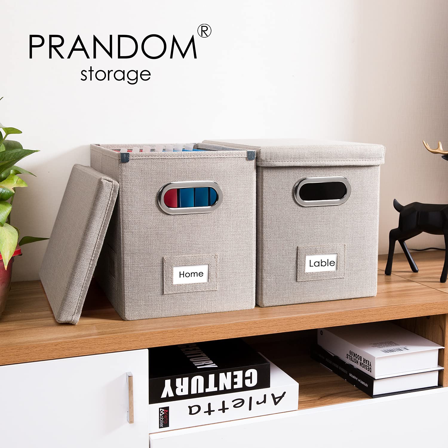 PRANDOM Collapsible File Organizer Box Set - 1 Decorative Linen Storage Box with Lid for Hanging Folders, Office Cabinet Letter Size (14x9.3x10.8 Inch) Light Grey - Perfect for Home Office, School Supplies & Document Organization