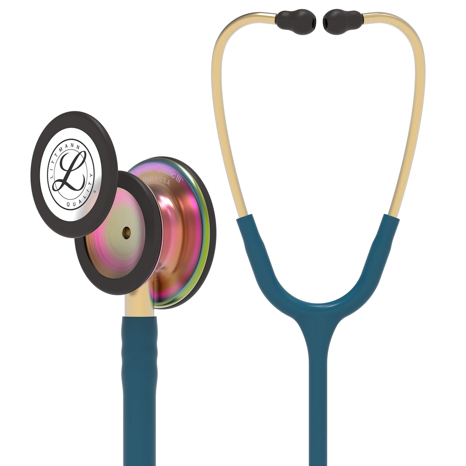 3M Littmann Classic III Monitoring Stethoscope - 5807 Model with 2X Louder Sound, Lightweight Design & Rainbow Stainless Steel Chestpiece - 27-Inch Caribbean Blue Tube with Brass Stem & Headset - Ideal for Medical Professionals, Nurses, and Students in Clinical Settings
