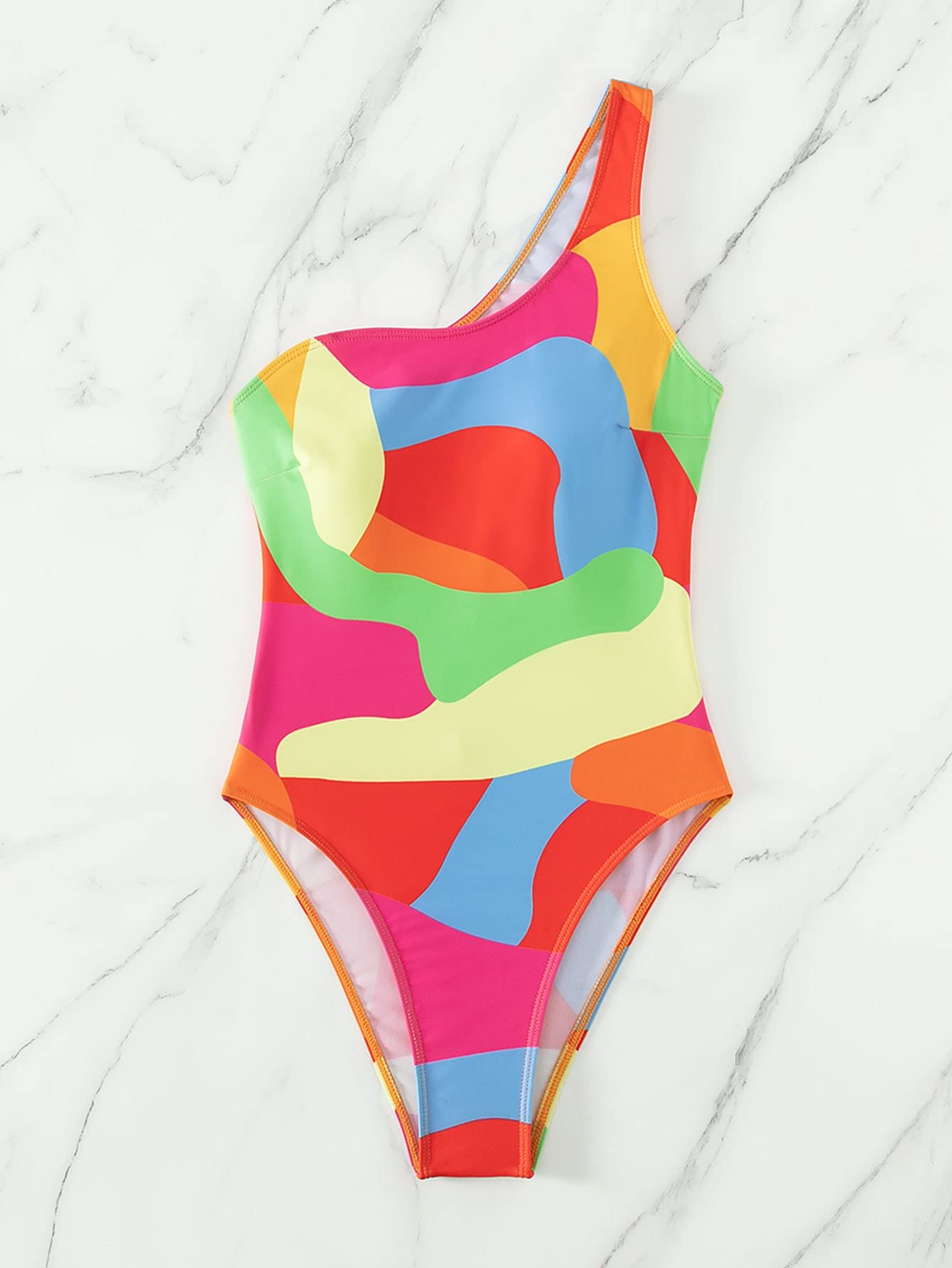 WDIRARA Women's One Shoulder Colorblock Cut Out Swimsuit - Mesh Monokini Bathing Suit for Beach, Pool Party & Summer Vacation