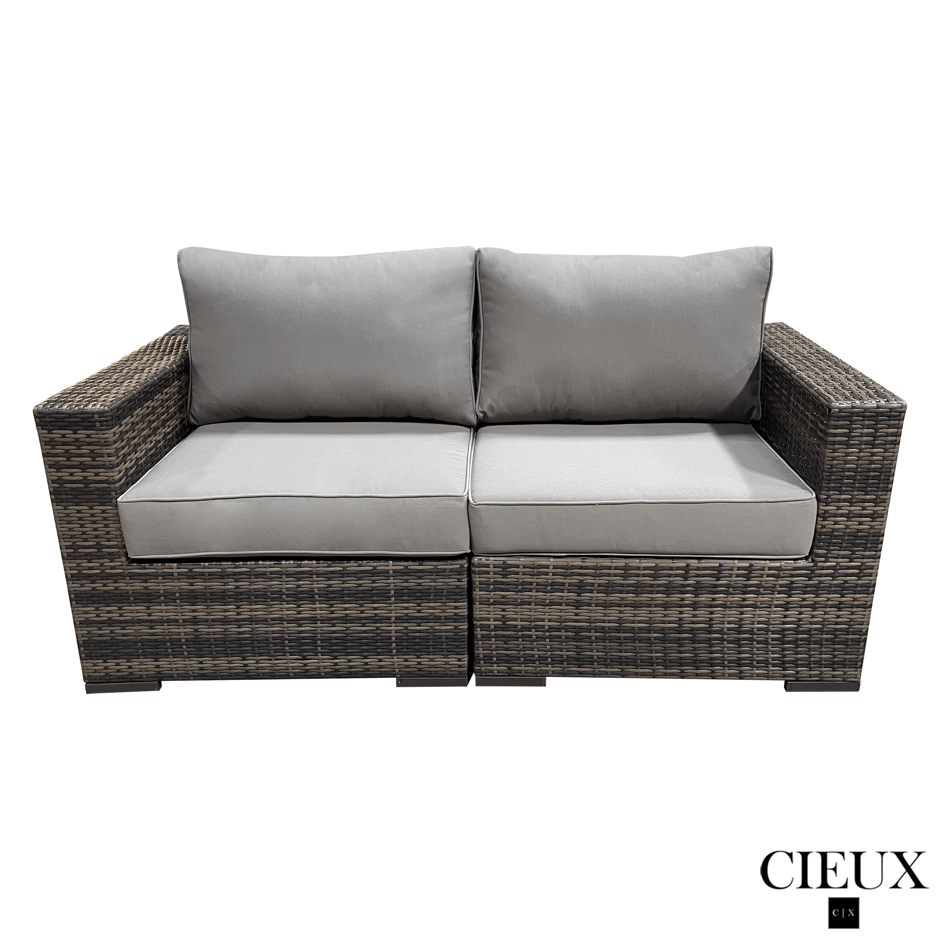 Valence Outdoor Patio Wicker Loveseat Conversation Set - Brown Rattan Sofa with Sunbrella Taupe Cushions for Garden, Poolside & Backyard Relaxation