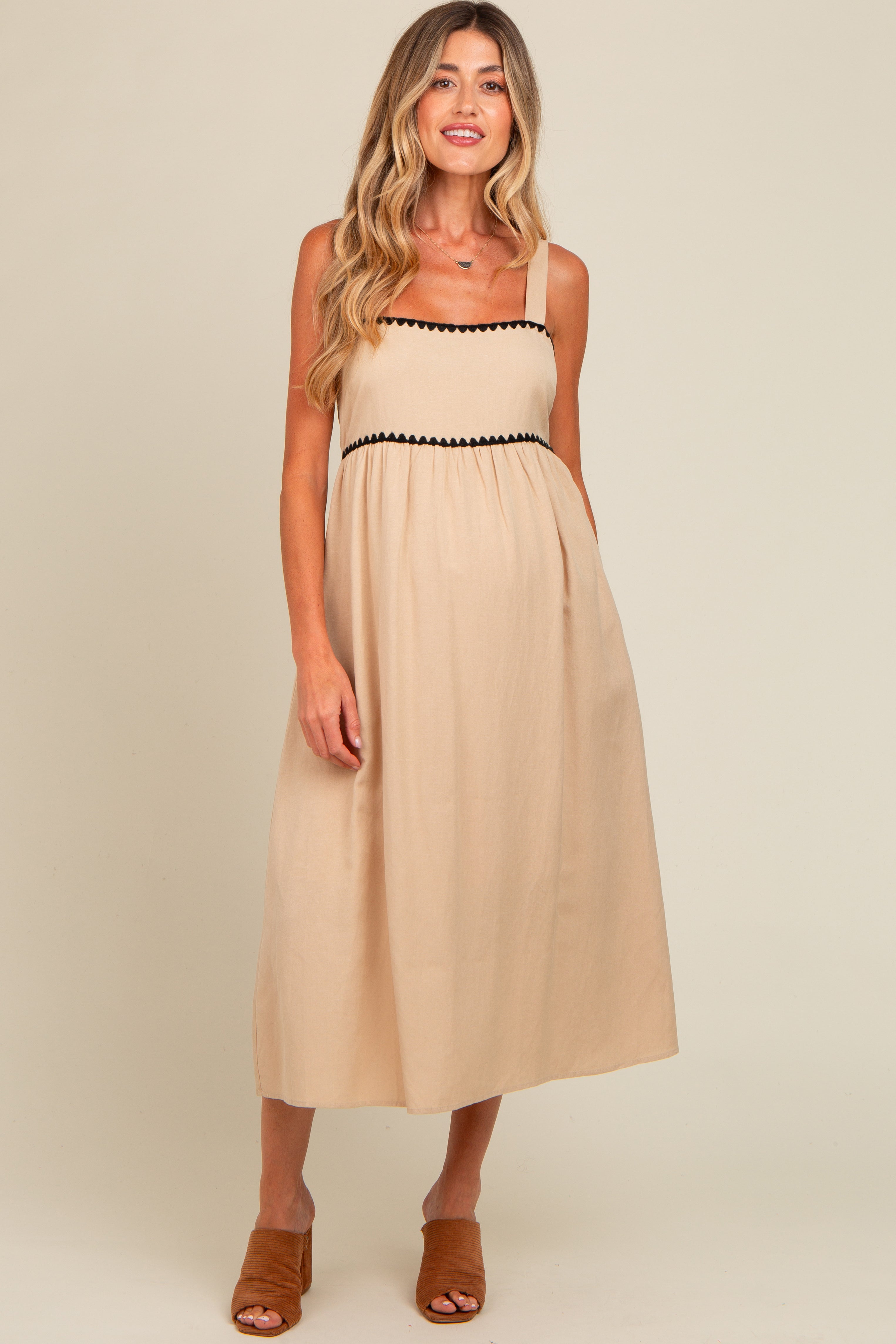 Beige Contrast Trim Maternity Midi Dress - Stylish Pregnancy Outfit for Baby Shower, Wedding & Special Occasions