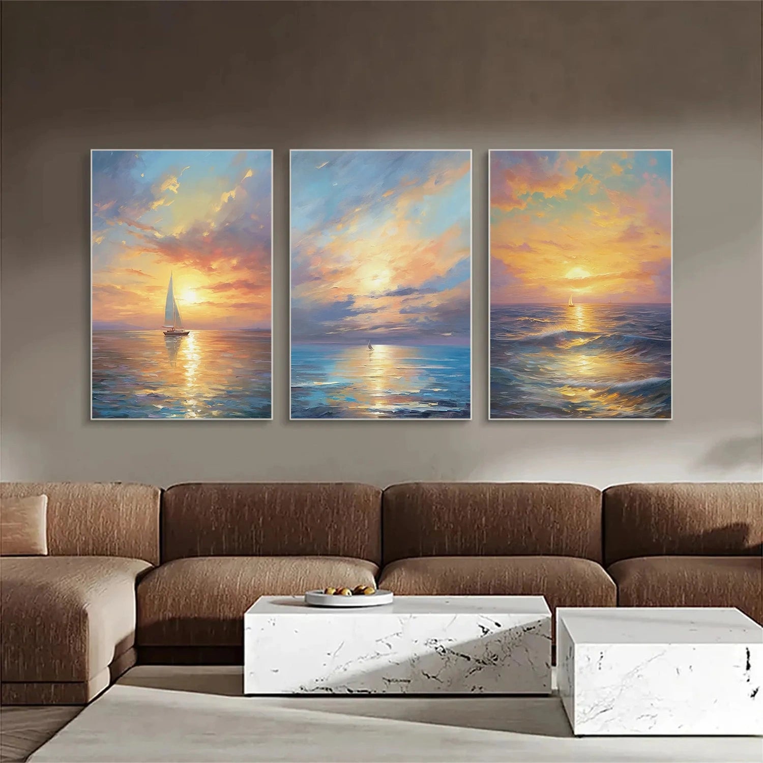 Ocean and Sky Painting Set of 3 - Coastal Wall Art Decor for Living Room, Bedroom, Office - Modern Seascape Canvas Prints (OS 215)
