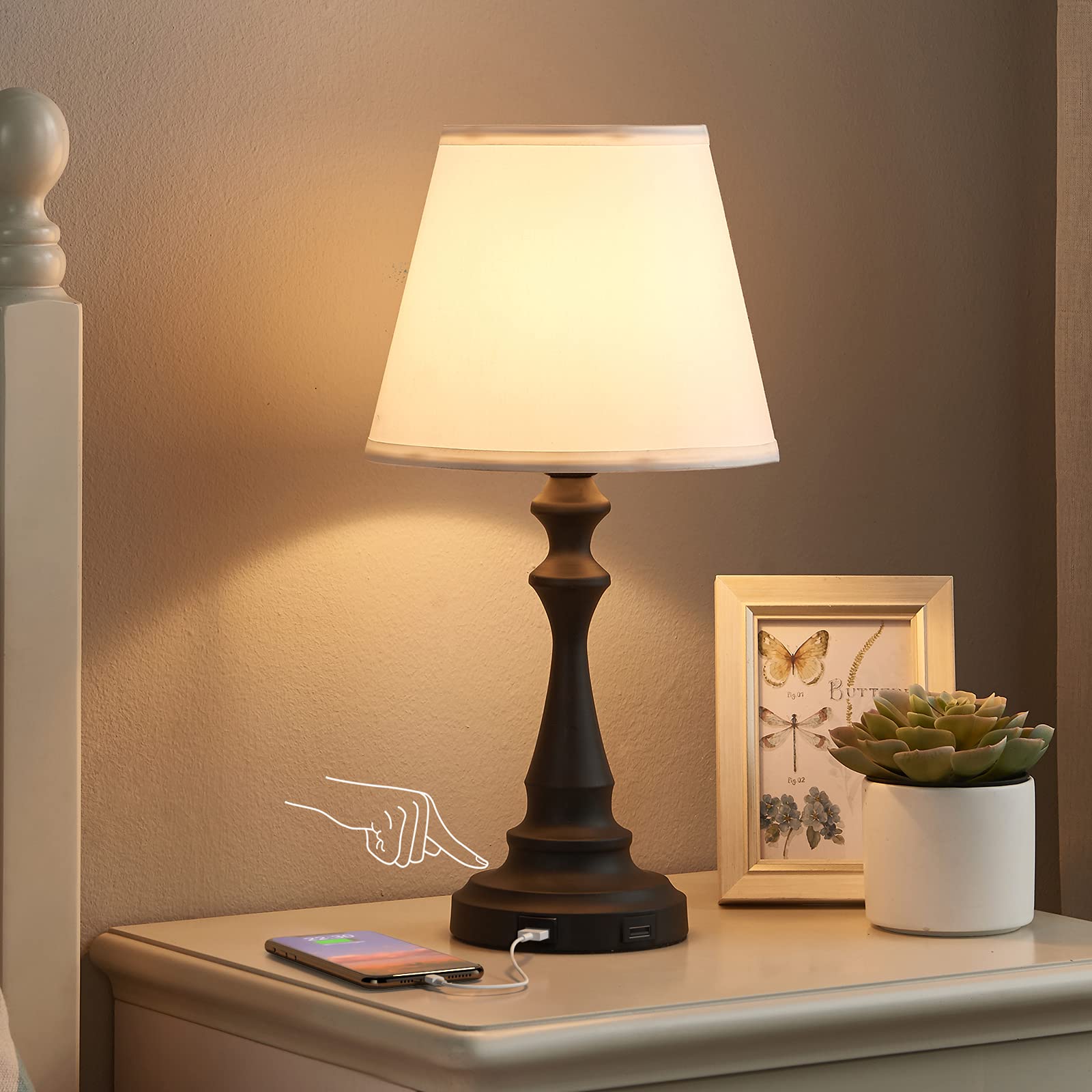 Dicoool 3-Way Dimmable Touch Lamp with USB Ports - White Nightstand Lamp with Metal Base, LED Bulb Included - Perfect for Bedroom, Living Room & Office Decor - Modern Candlestick Lamp for Reading & Relaxation