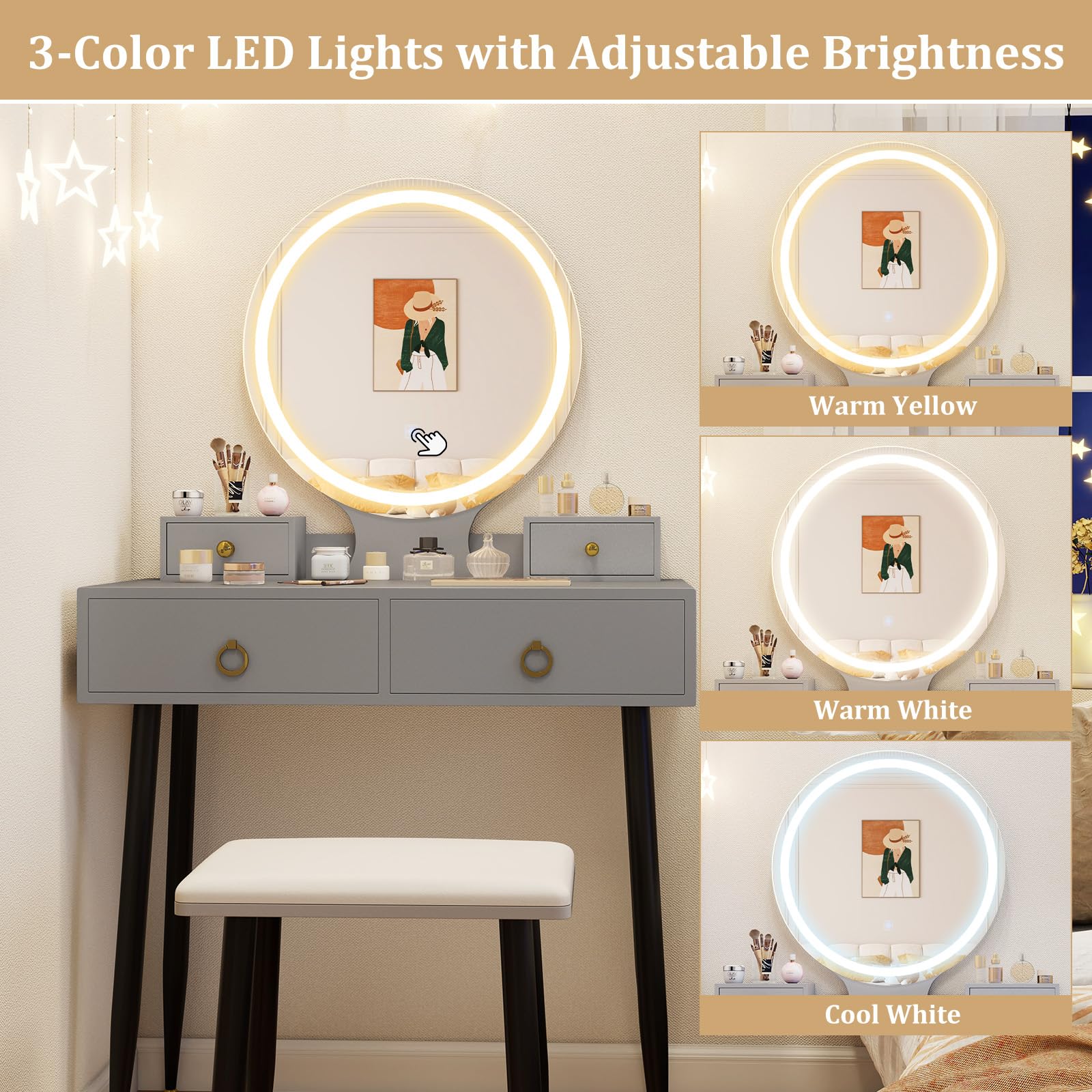 Charmaid Vanity Desk with Mirror & LED Lights - Modern Makeup Vanity Table with 4 Storage Drawers, 3 Lighting Modes & Adjustable Brightness - Gray & Black Dressing Table with Stool for Bedroom, Bathroom & Dorm Room