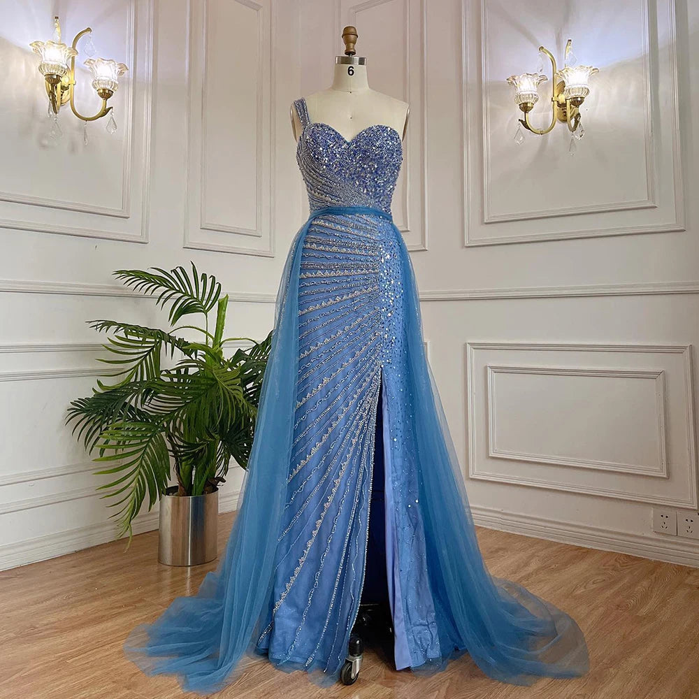 Elegant Blue One Shoulder Mermaid Evening Dress with Beaded Detail & Overskirt for Women - Perfect for Prom, Gala, and Formal Parties