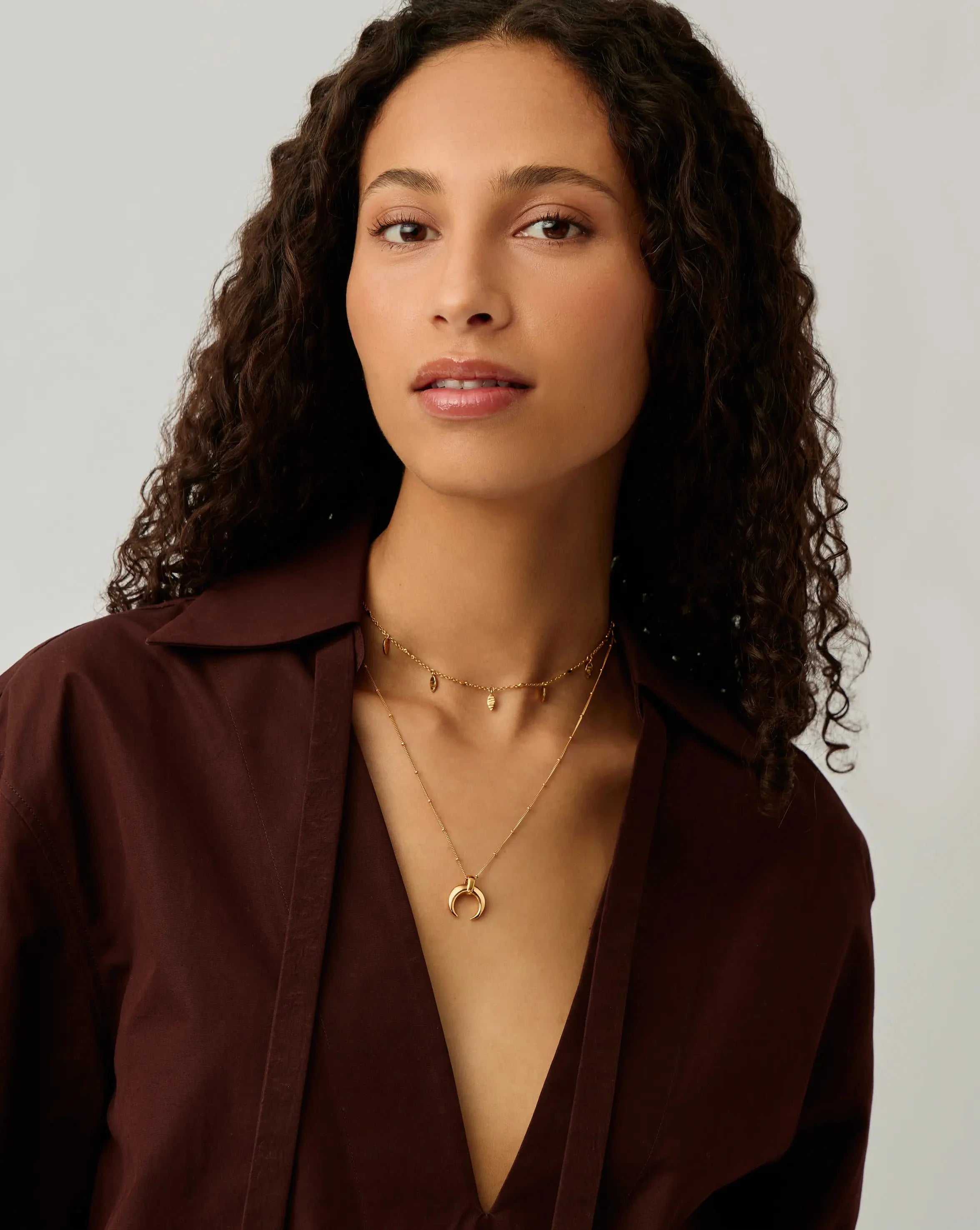 Lucy Williams 18k Gold Plated Horn Necklace & Leaf Charm Choker Set - Elegant Boho Jewelry for Women | Perfect for Festivals, Date Nights & Layered Looks