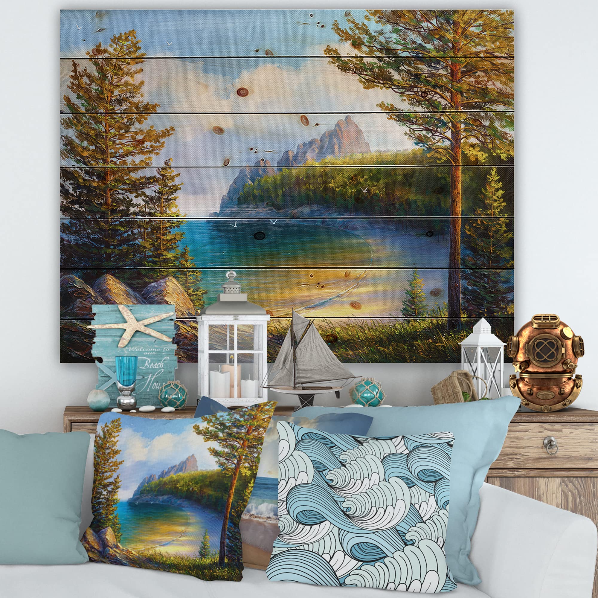 Morning Sun By The Wild Beach Nautical Wood Wall Art - Coastal Home Decor, Large Pine Wood Wall Panel with Green Printed Design - Perfect for Living Room, Bedroom, or Beach House Decoration