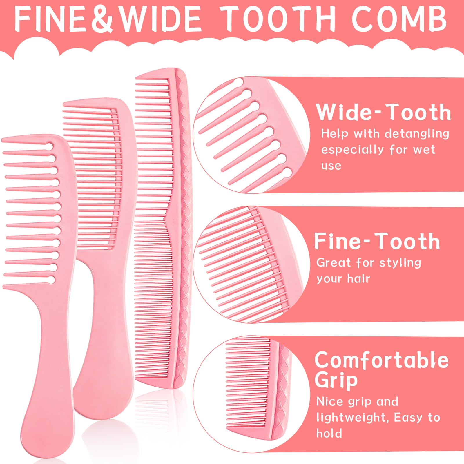START MAKERS 5-Piece Hair Comb Set for Women & Men - Wide Tooth, Fine Tooth, Rat Tail, Parting & Double-Wide Combs for Detangling, Styling Wet, Wavy, Curly & Thick Hair (Pink) - Perfect for Salon, Home & Travel Use