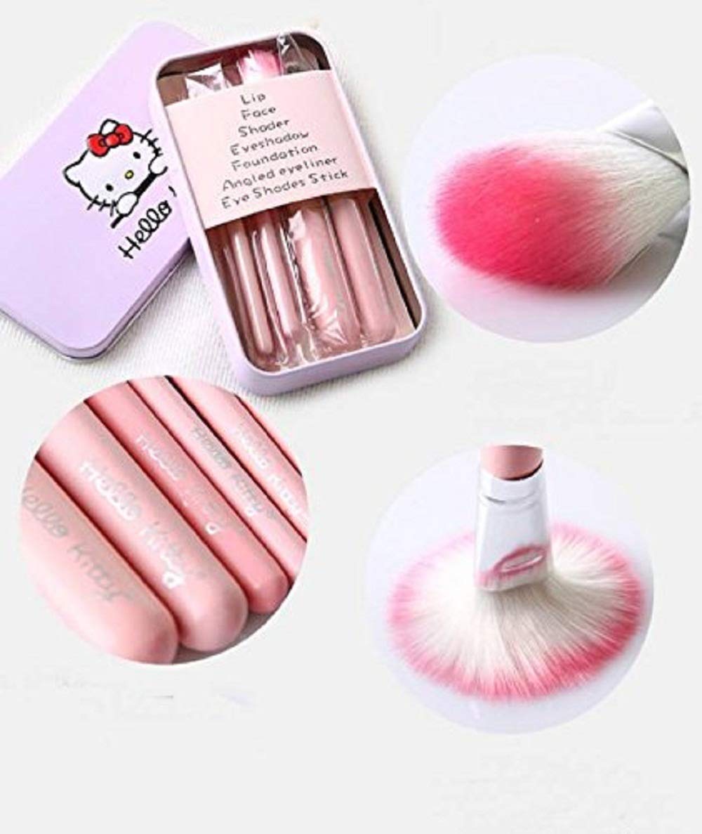AVEU 7-Piece Makeup Brush Set with Hello Kitty Print Box & Beauty Blender Puff - Pink | Professional Cosmetic Brushes for Foundation, Blush, Eyeshadow | Perfect Gift for Makeup Lovers & Beginners