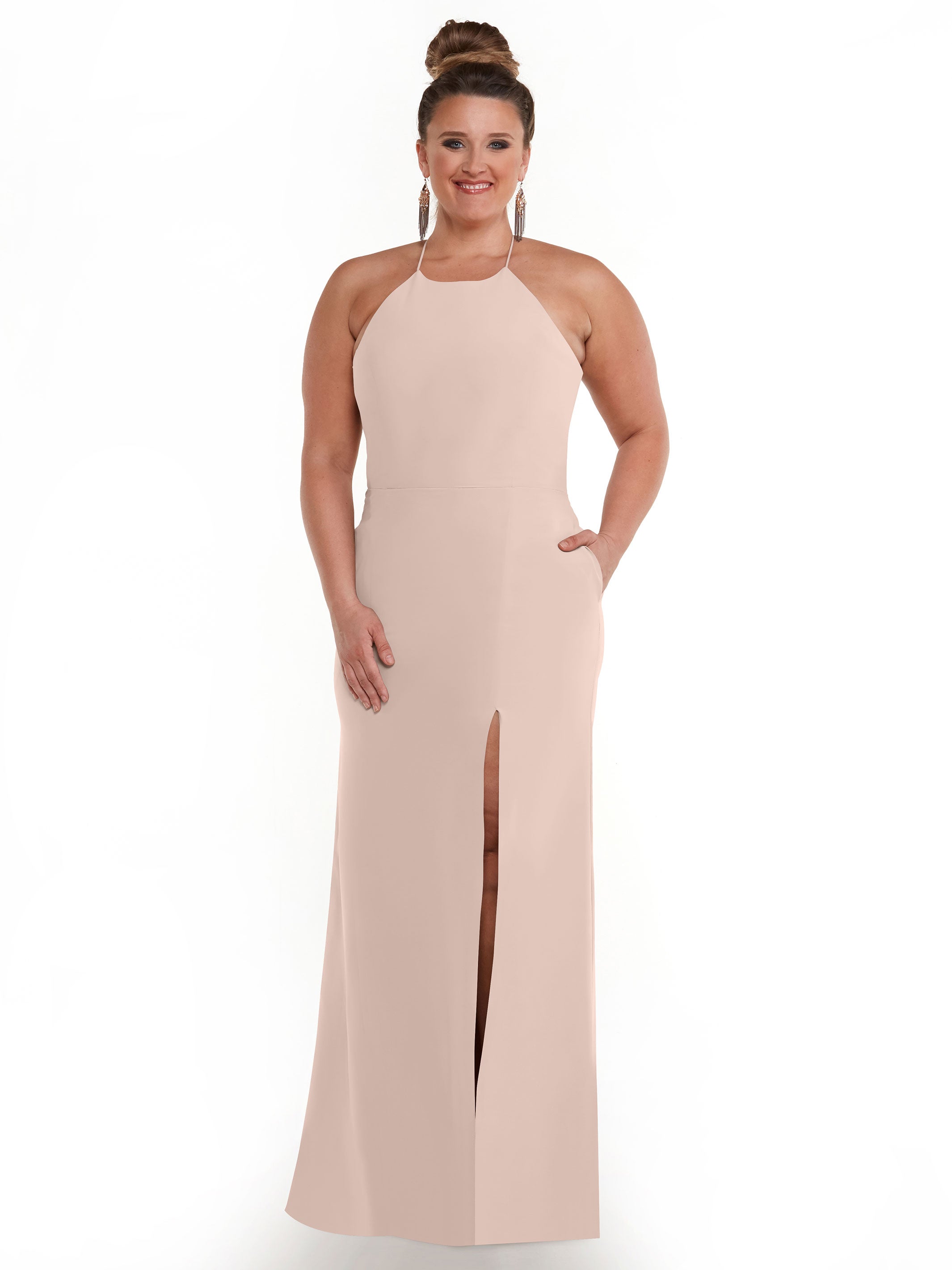 Elegant 83026 Sheath Stretch Chiffon Bridesmaid Dress with Halter Neckline & High Slit - Perfect for Weddings, Formal Events & Evening Parties