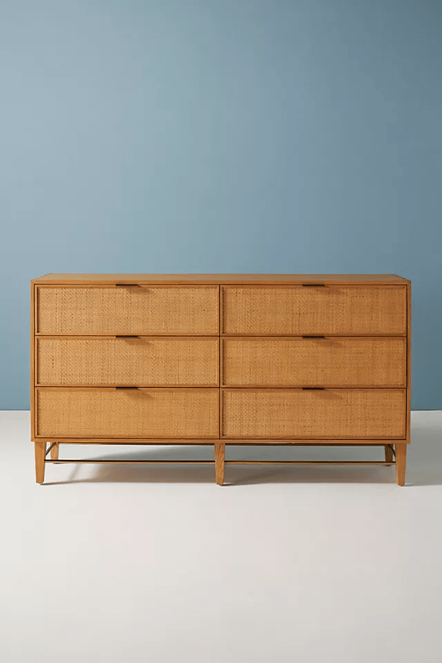 Handmade Cane Six-Drawer Dresser - Vintage Rattan Bedroom & Living Room Storage Furniture | Perfect for Farmhouse, Coastal, and Boho Home Decor Styles