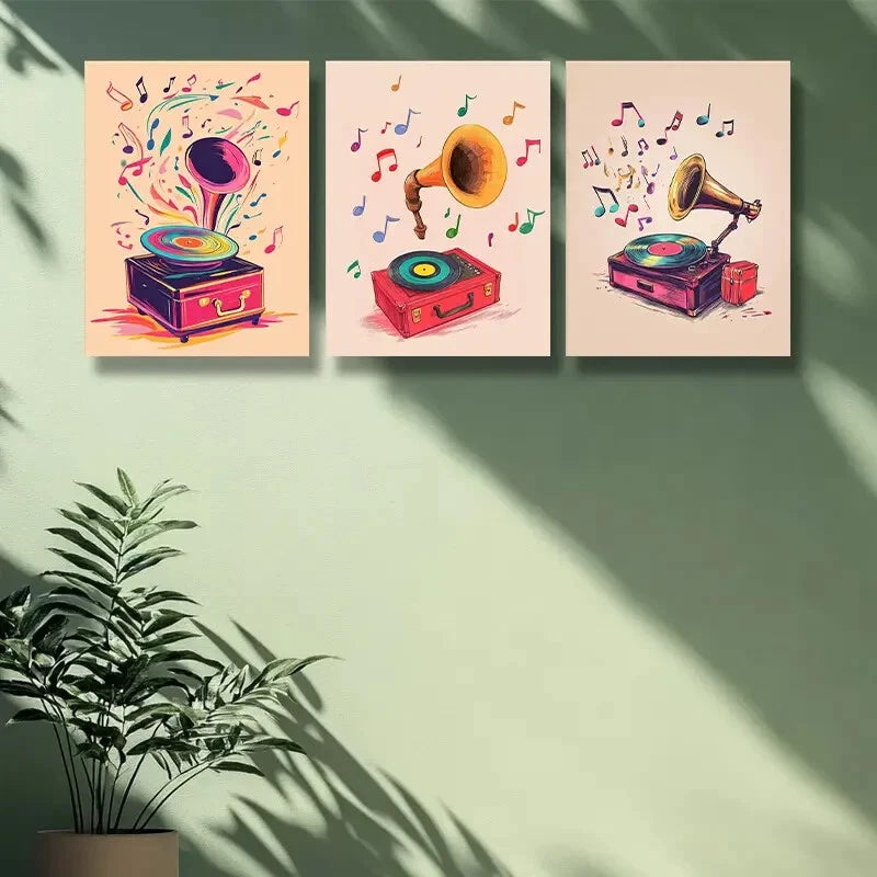 3-Piece Metal Wall Art Prints - Ready to Hang Modern Abstract Note & Record Painting Set for Living Room, Bedroom, Office Decor