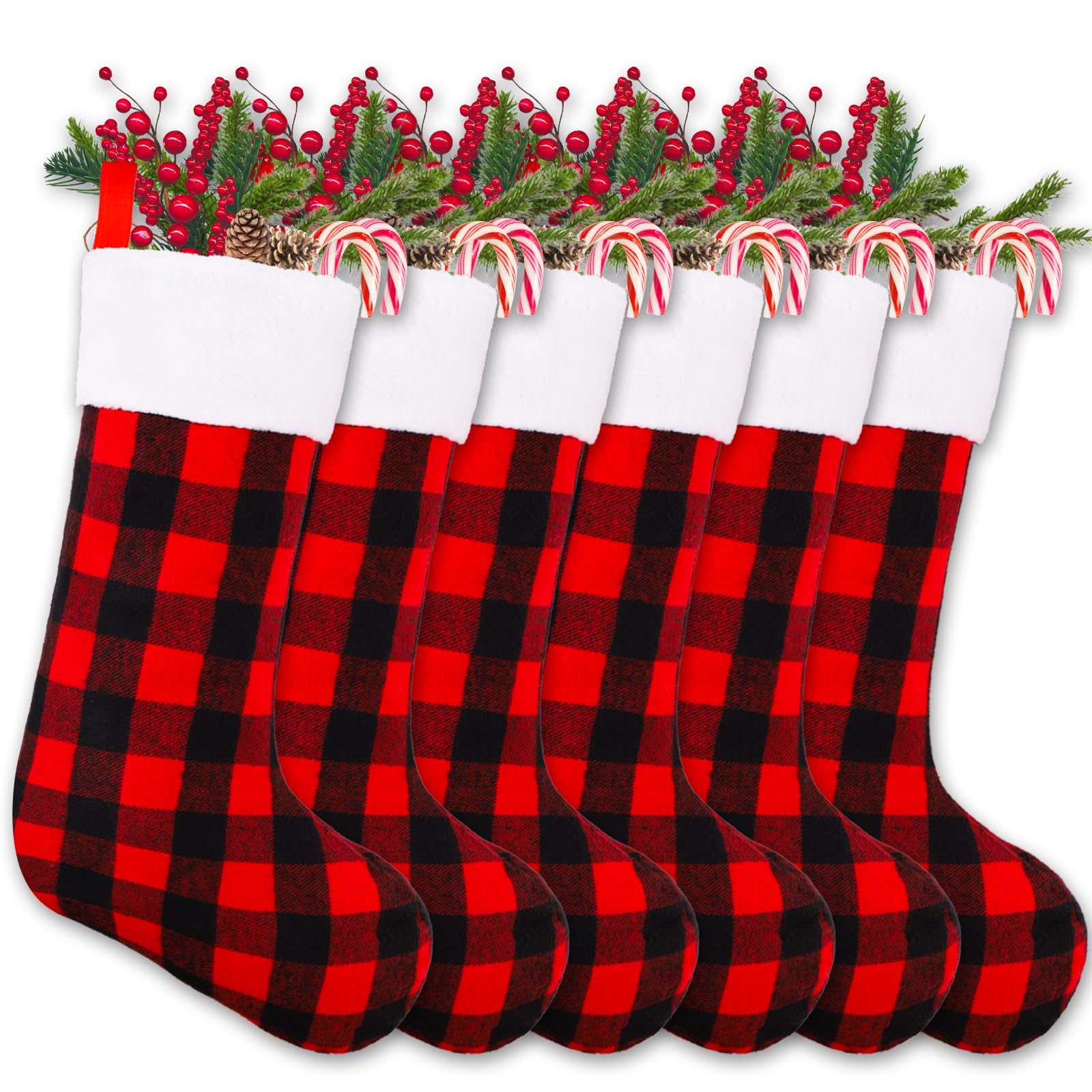 YUJUN 6 Pack 22 Inch Christmas Stockings - Large Buffalo Plaid Holiday Stockings in Black & Red for Fireplace, Tree & Party Decor | Perfect for Family Christmas Celebrations & Festive Home Decorations