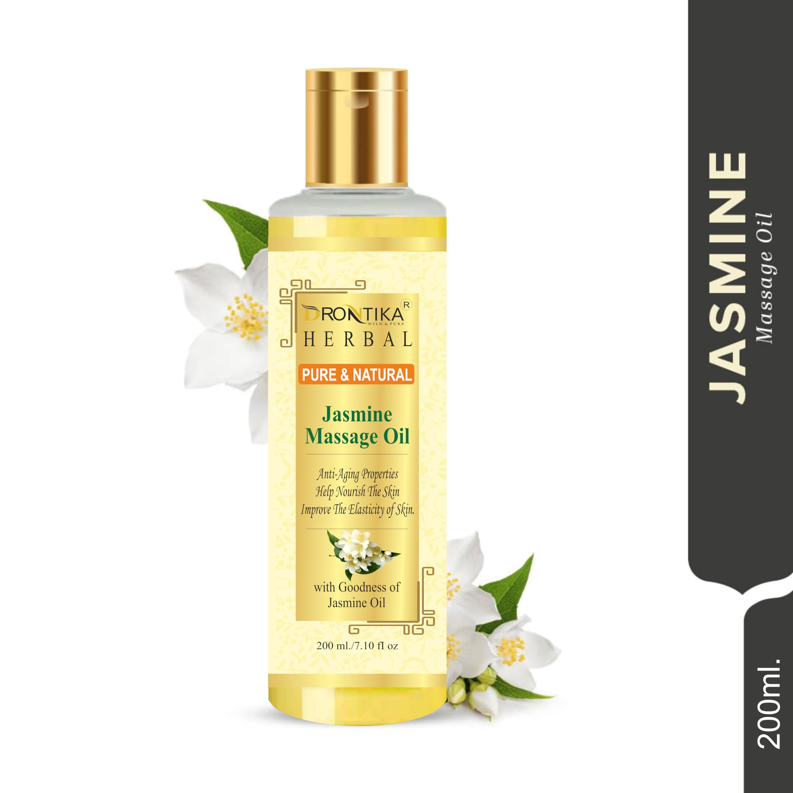 100% Pure Jasmine Massage Oil with Almond, Olive, Jojoba & Sesame Oils + Vitamin E - 200ml | Relaxing Aromatherapy for Spa, Couples & Self-Care | Drontika Herbal