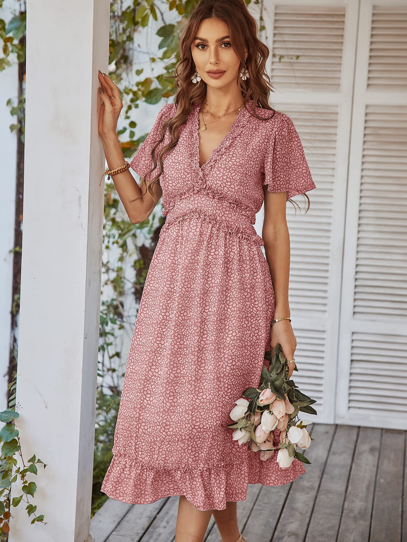 GOLDSTITCH Women's Summer 2025 Casual Maxi Dress - Deep V Neck Ruffle Floral Print Long Dress for Beach, Vacation & Outdoor Parties | Lightweight Comfortable Boho Style