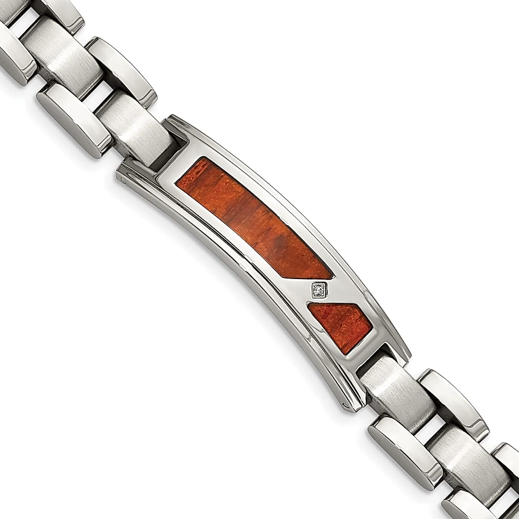 ICE CARATS Stainless Steel Brushed Wood Inlay Cubic Zirconia CZ 8.5 Inch Link ID Bracelet for Men - Trendy Fashion Jewelry Gift for Dad, Husband & Boyfriend - Perfect for Birthdays, Anniversaries & Special Occasions