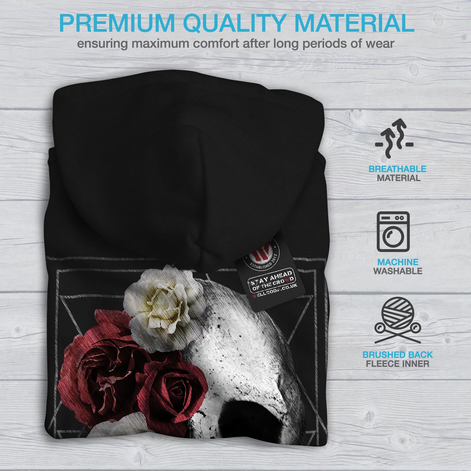 Wellcoda Skull Rose Flowers Men's Hoodie - Gothic Devil Printed Pullover Sweatshirt for Casual Streetwear & Halloween Costume