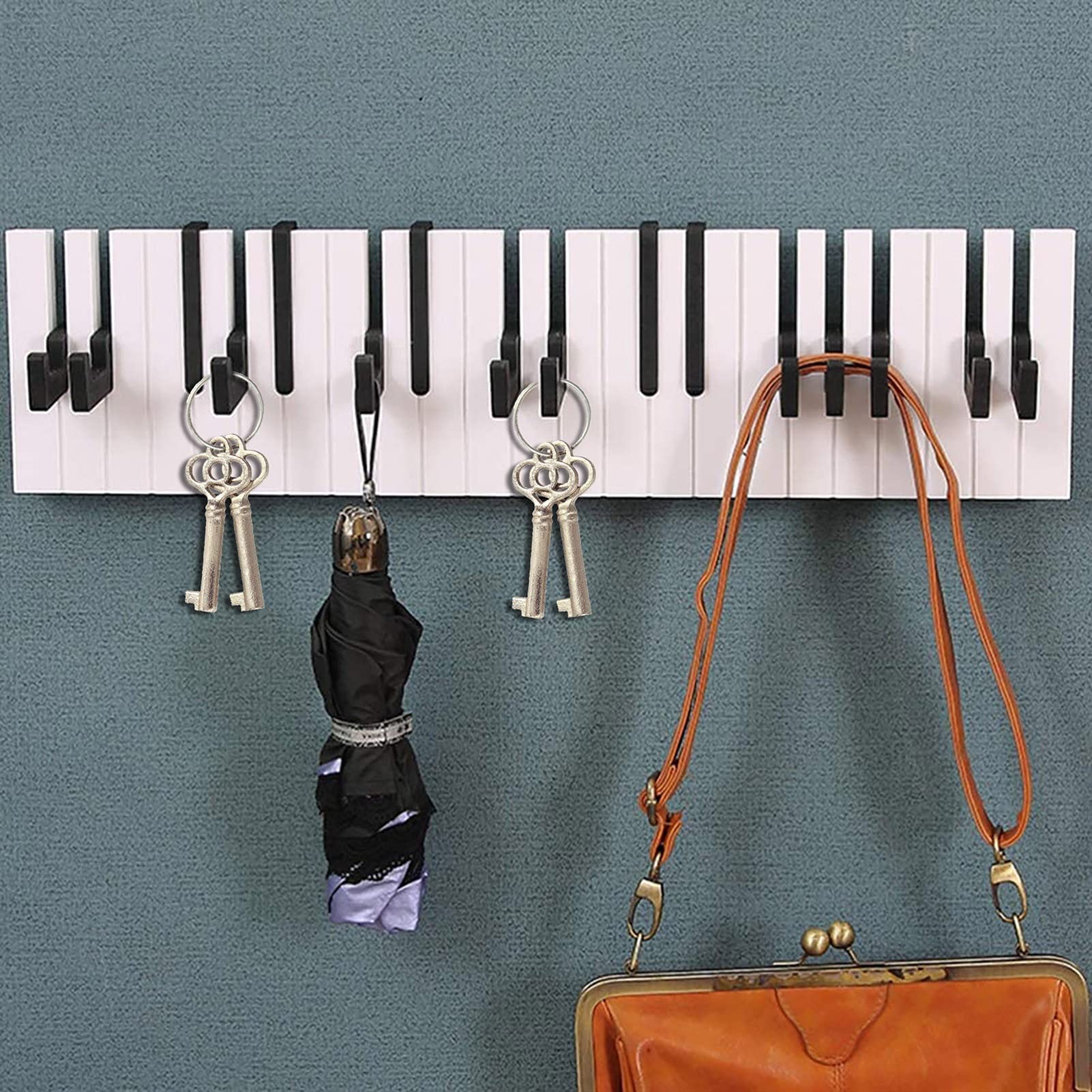 Stylish Piano Key Wall Coat Rack - Wooden Wall Mounted Coat Hanger with Hooks for Jackets, Hats & Scarves - Space Saving Entryway & Bedroom Organizer