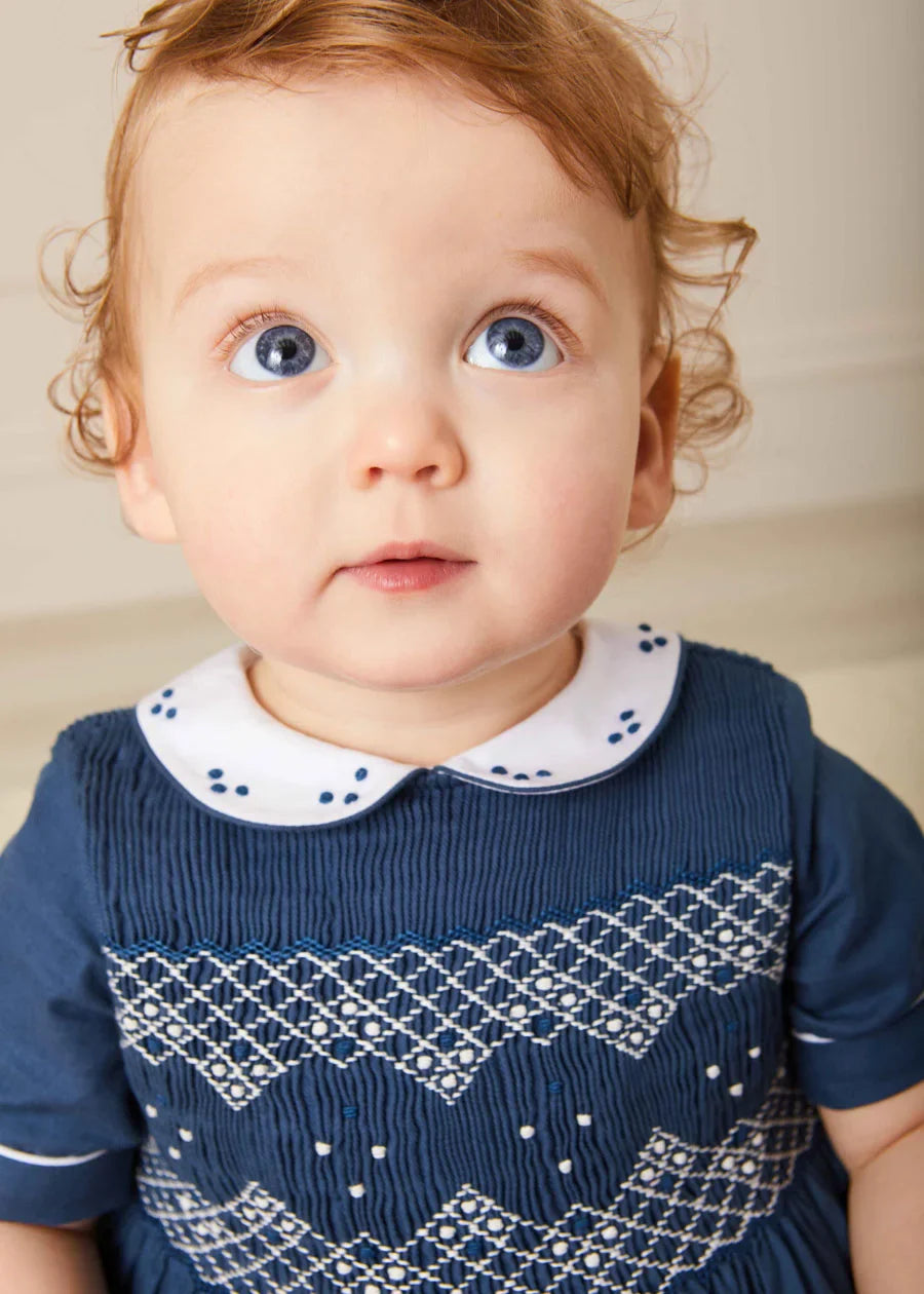 French Blue Hand-Smocked Romper for Baby Boys - Soft Cotton Outfit for Newborns, Baptism, Photo Shoots & Special Occasions