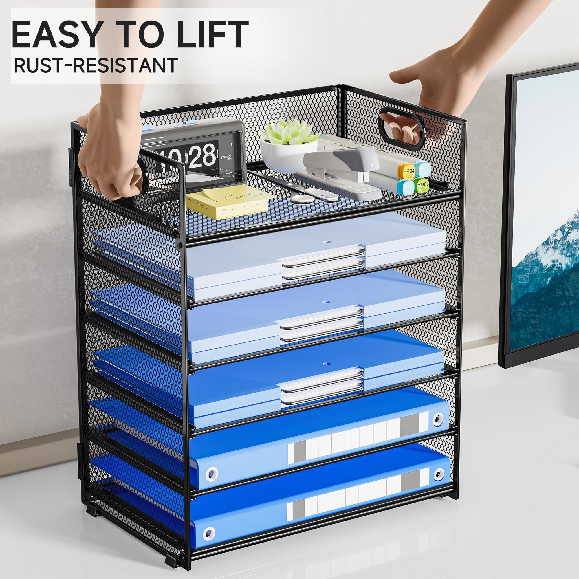 6-Tier Mesh Desk Organizer with Handle - Black for Office & Home Use