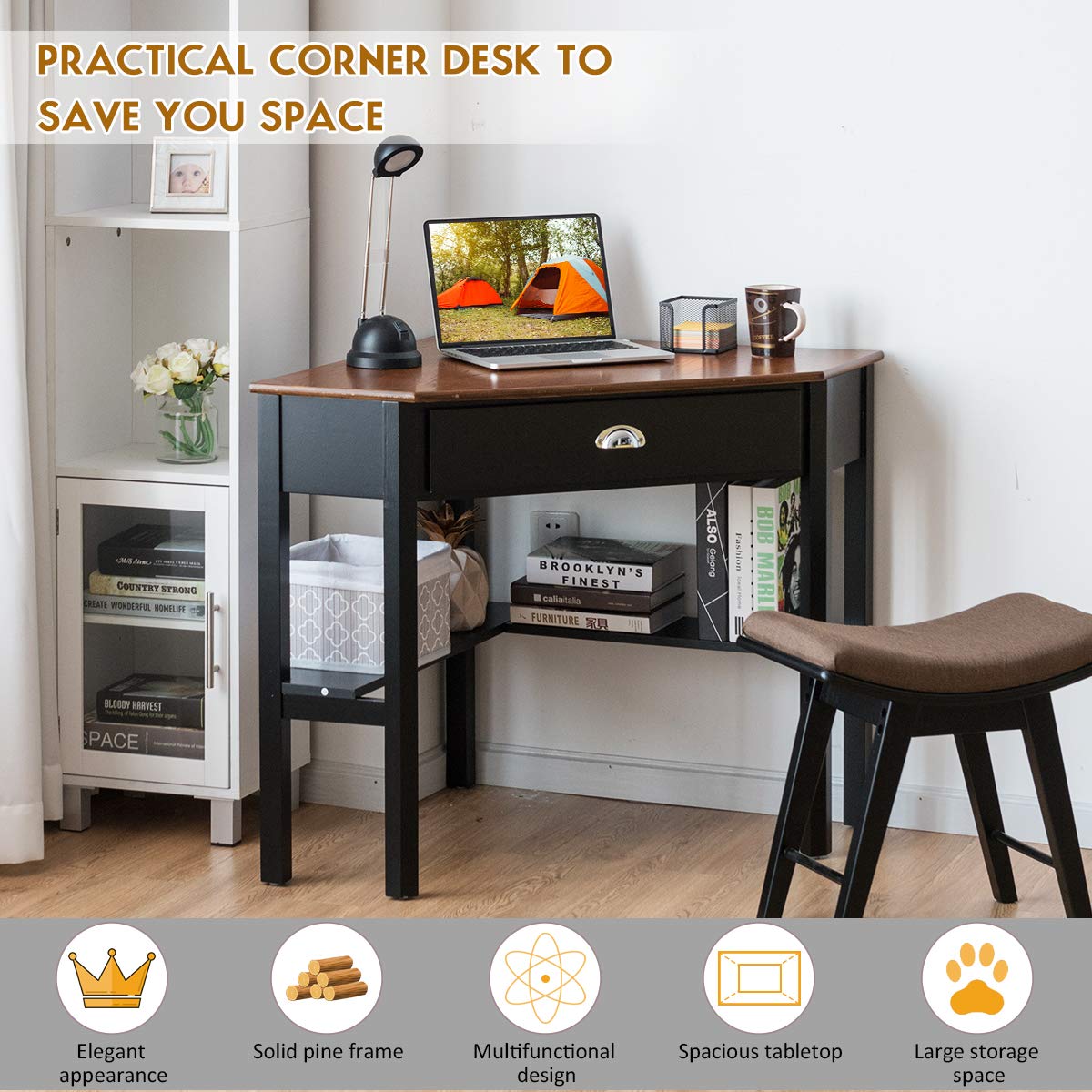 Tangkula 90-Degree Corner Desk with Drawer & Storage Shelves - Compact Computer Desk for Small Spaces, Home Office & Makeup Vanity (Coffee & Black) - Perfect for Apartments, Dorms & Workspaces