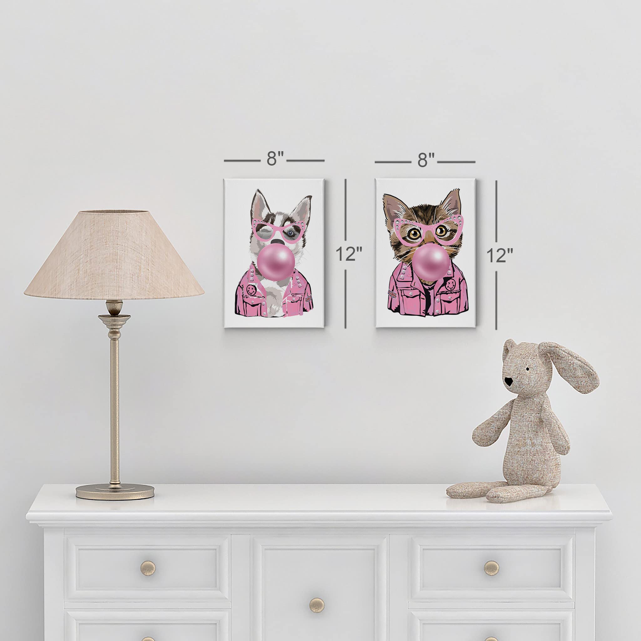 Smile Art Design Husky Dog and Cat Chewing Bubble Gum Canvas Wall Art Set - 2 Piece Animal Pop Art Prints for Living Room, Bedroom, Nursery Decor (28x19 Inches) - Perfect for Pet Lovers' Home & Kids Room Wall Decoration