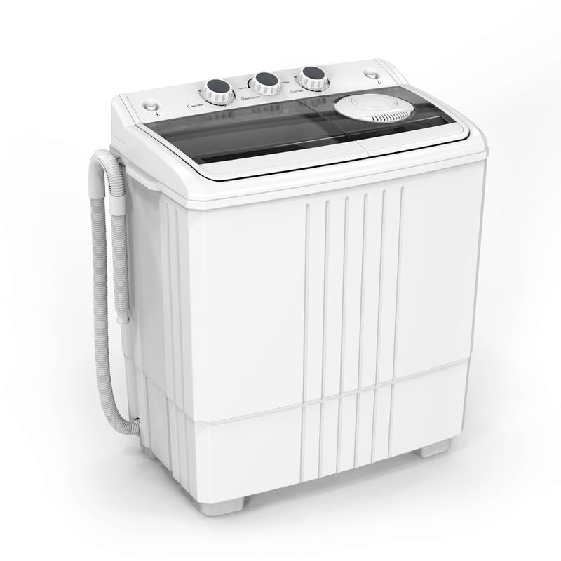 ROVSUN 21LBS Portable Washing Machine - Compact Twin Tub Mini Washer (14LBS Wash & 7LBS Spin) with Drain Pump - Perfect for Apartments, Dorms, RVs, Camping & Small Spaces - White & Black - Easy Laundry Solution for Travel & Off-Grid Living