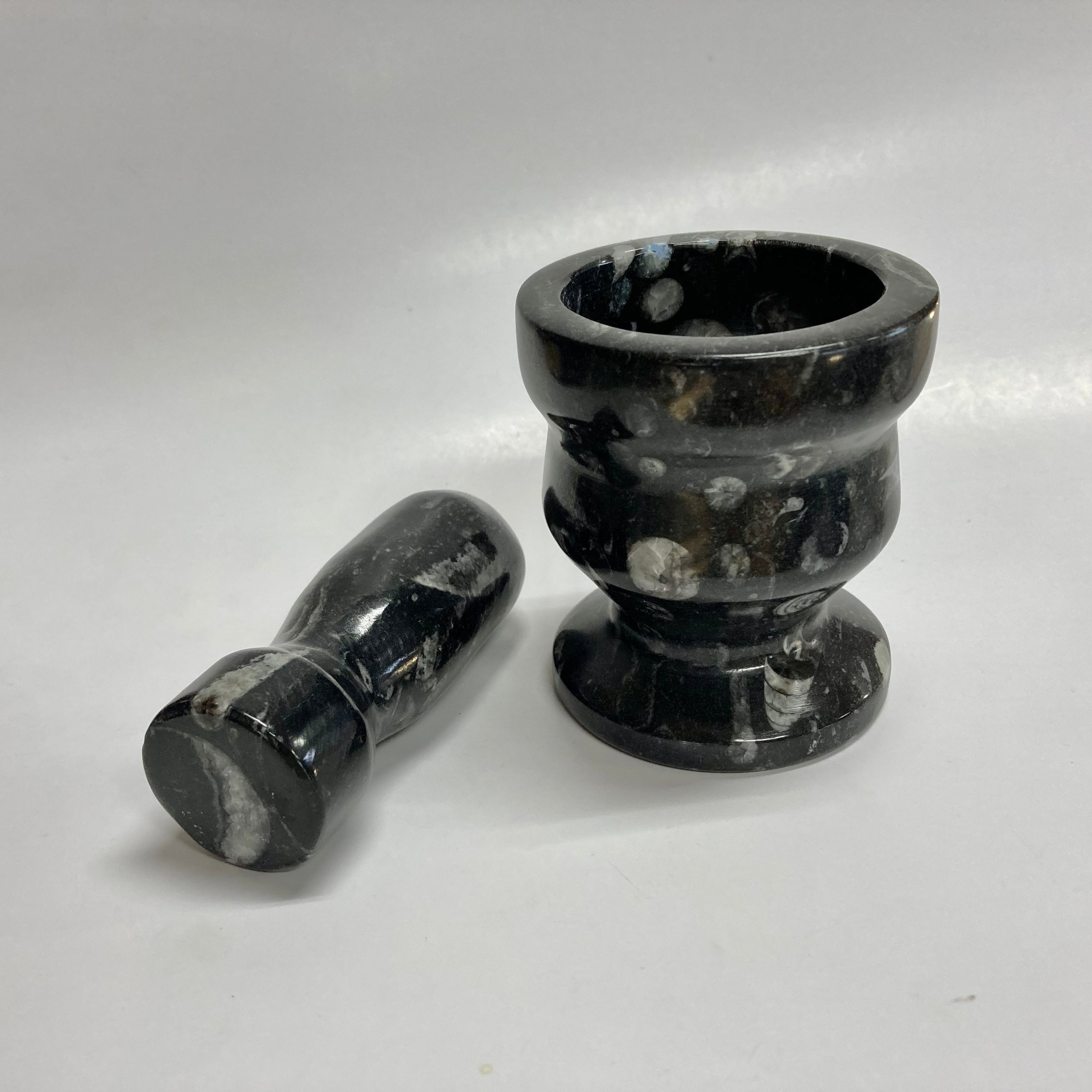 Premium Orthoceras Fossil Mortar and Pestle Set - Natural Stone Spice Grinder for Herbs, Salt & Pepper - Perfect for Kitchen, Cooking & Ayurvedic Medicine Preparation