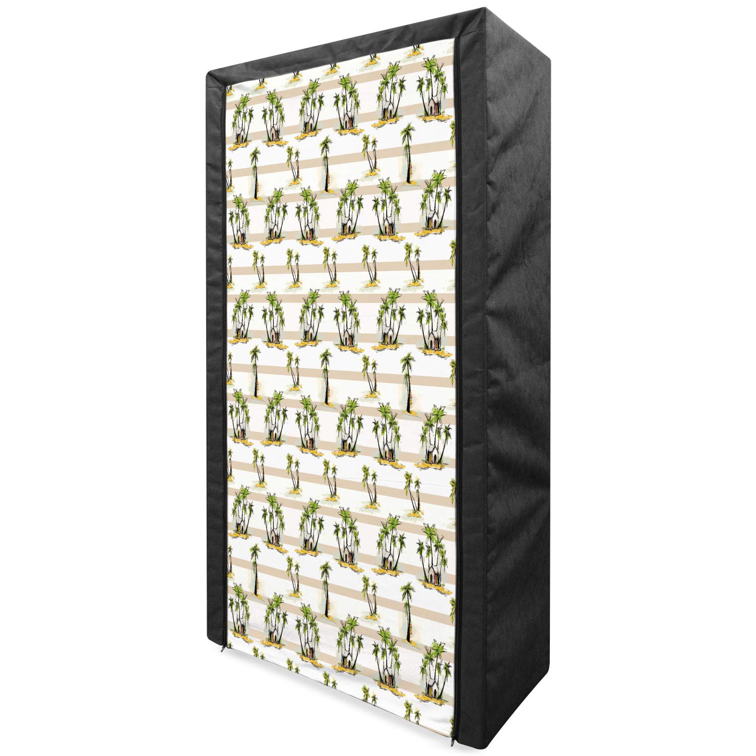 Ambesonne Exotic Portable Fabric Wardrobe with Hand-Painted Tropical Palm Tree Design - 33.5 Inch Multicolor Clothing Organizer with Shelves | Perfect for Bedroom, Dorm, Apartment & Travel Storage Solutions