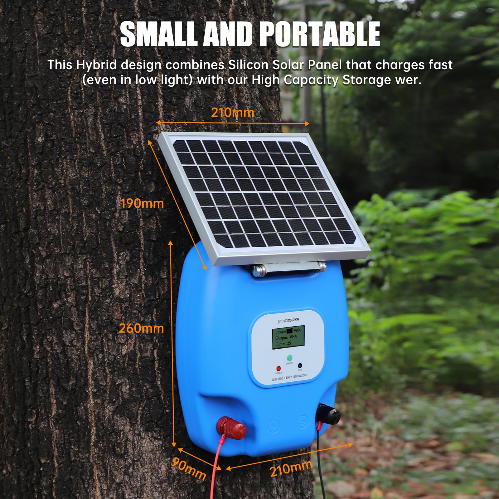Solar Powered Electric Fence Charger 1.5 Joule Energizer with LCD Display - 5 Mile Range, Rechargeable Lithium Battery & 5W Solar Panel - Perfect for Livestock Protection, Poultry Security, Garden & Orchard Fencing - Ideal for Farms, Ranches, Backyards and Rural Properties