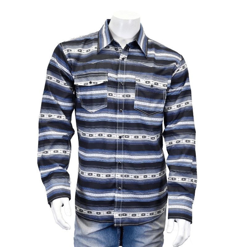 Men's Navy Striped Aztec Print Western Long Sleeve Shirt - Casual Cowboy Style for Outdoor Adventures & Country Music Festivals