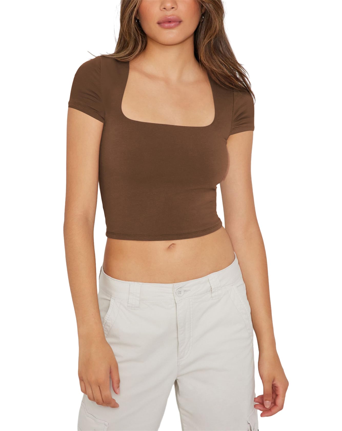 PAODIKUA Women's Square Neck Short Sleeve Crop Top - Y2K Trendy Summer T-Shirt for Going Out | Perfect for Beach, Parties & Casual Wear