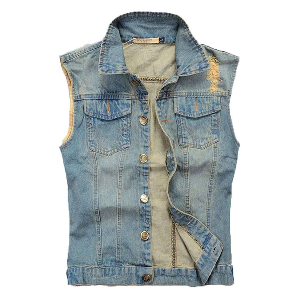 **Men's Black Denim Vest - Rock & Motorcycle Style Sleeveless Waistcoat with Hole Details | Perfect for Cowboy, Biker & Casual Outfits**