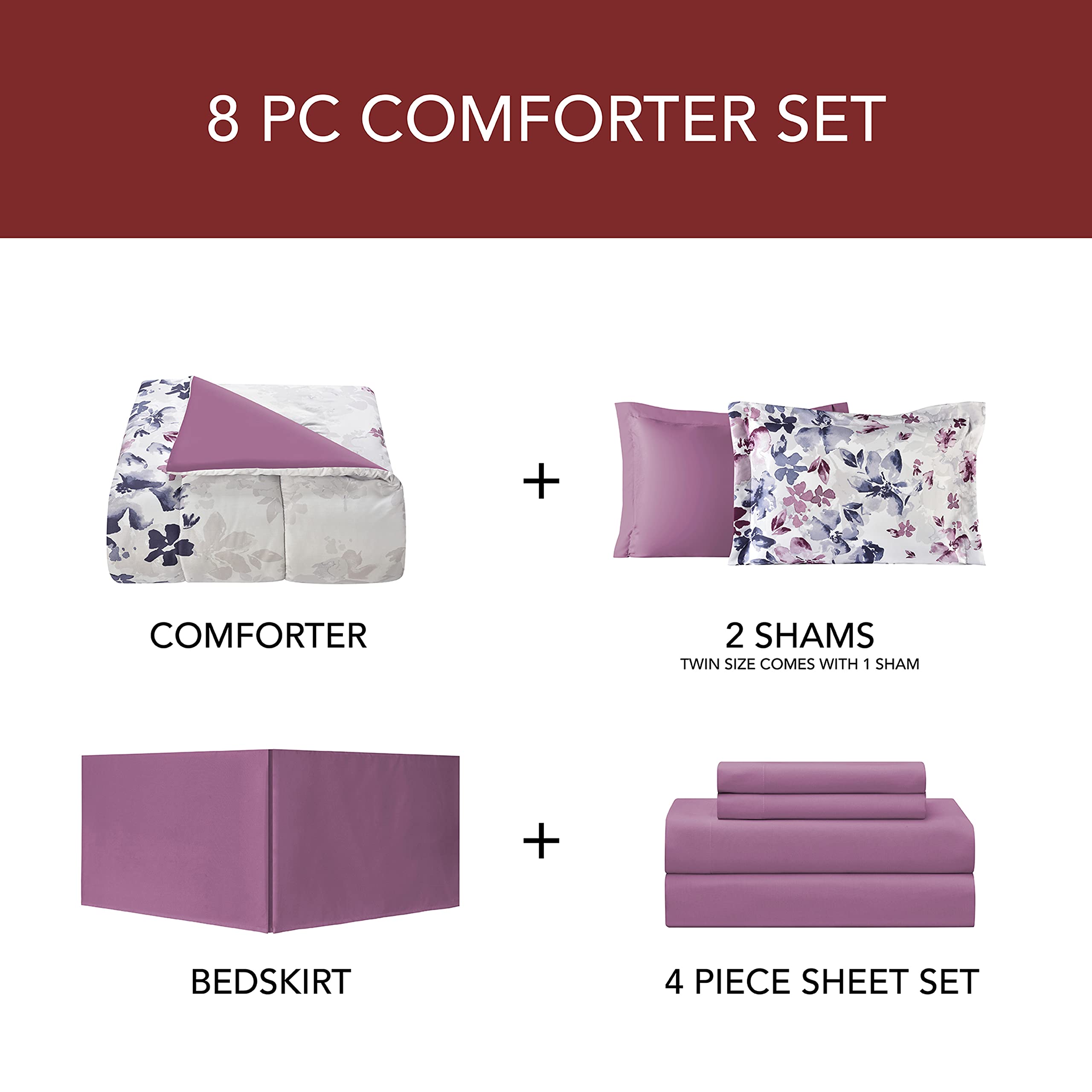 Monica 6-Piece Twin Size Bed-in-A-Bag Set - White & Lilac Floral Pattern Comforter, Sheet & Pillowcase Set for Girls Bedroom Decor