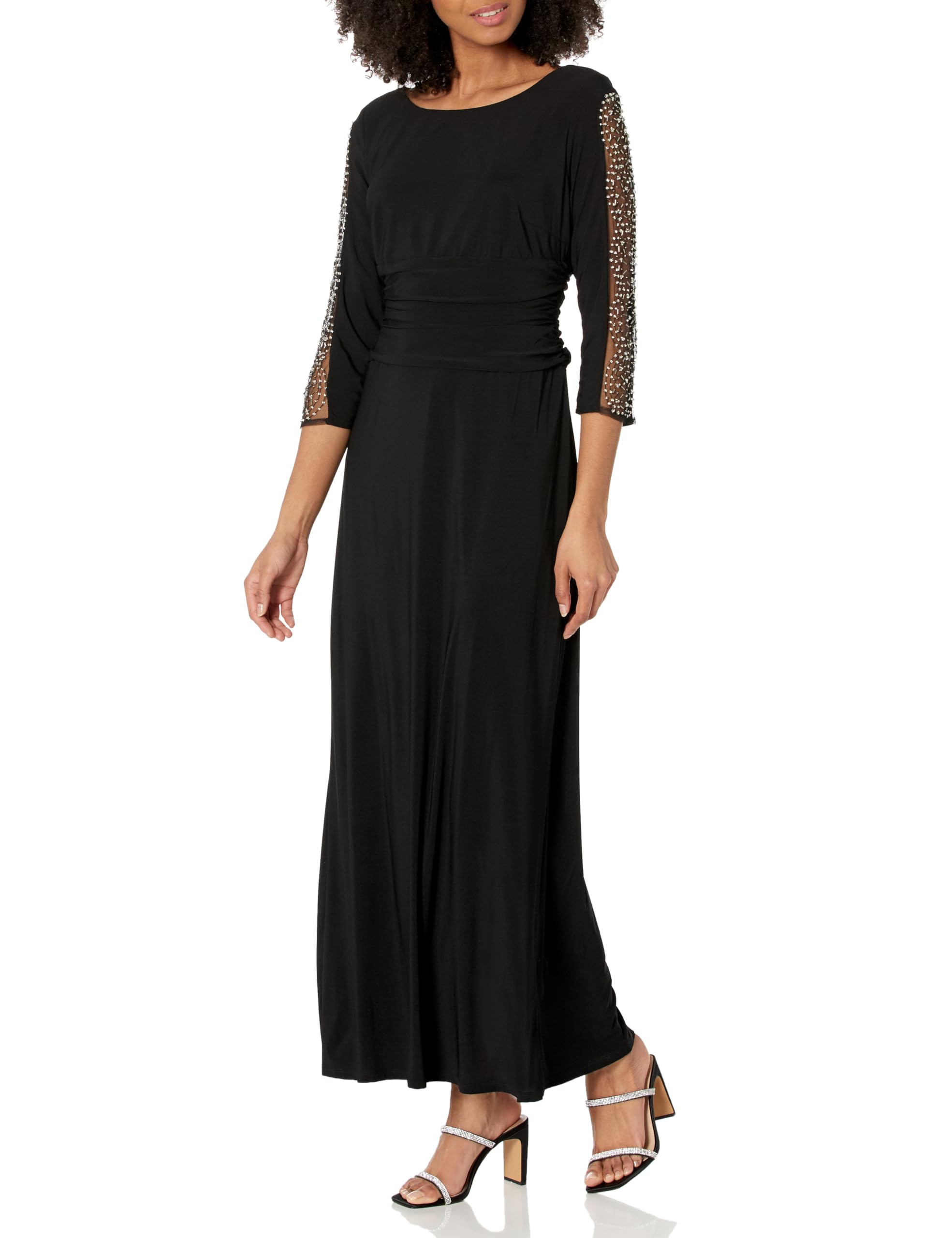 Elegant Women's Long Formal Evening Dress with Ruched Waist & Beaded Illusion Sleeves - Petite & Regular Sizes | Perfect for Prom, Gala & Black Tie Events