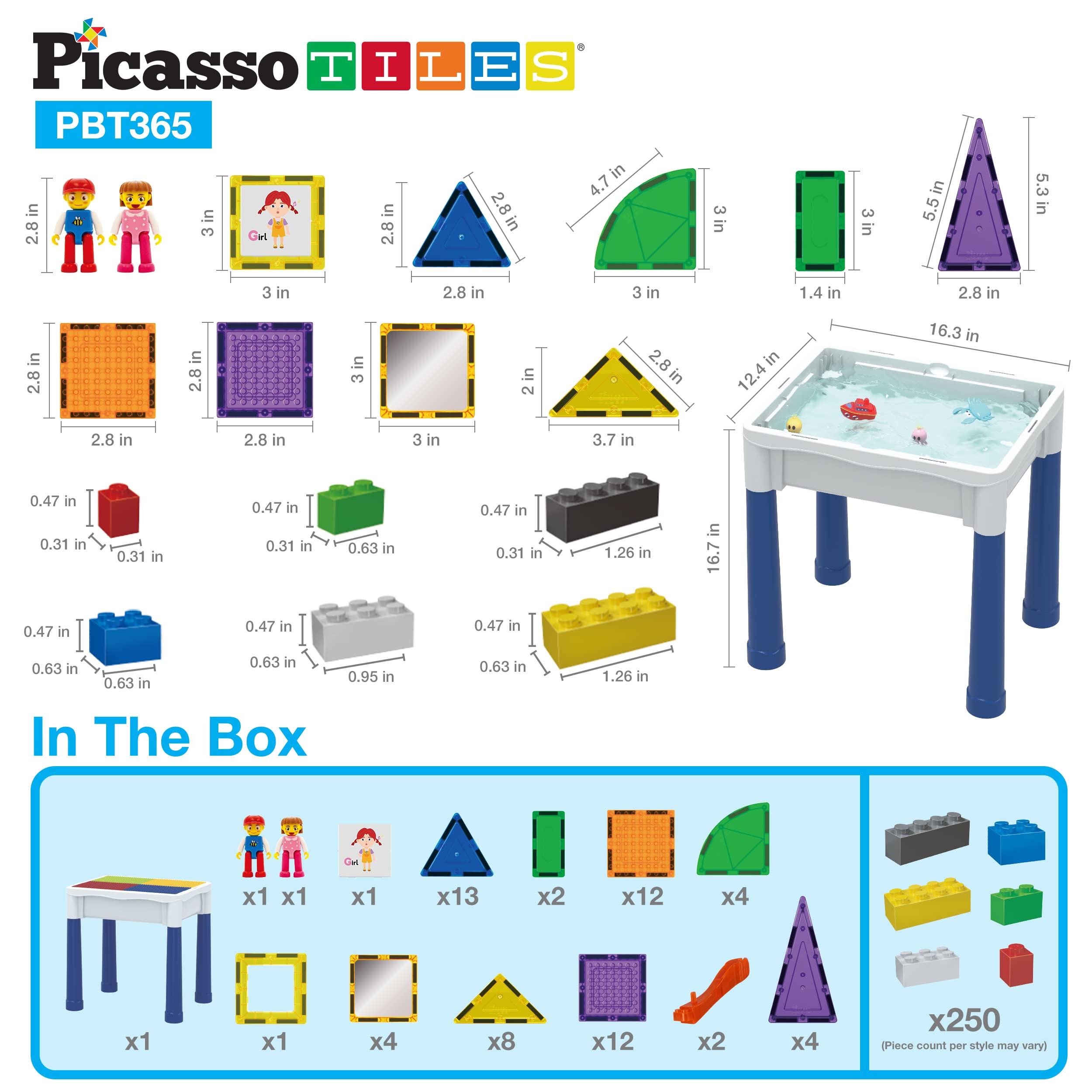 PicassoTiles 316-Piece Magnetic Building Blocks Activity Table with Storage - STEM Educational Toys for Kids Ages 3+, Includes Water & Sand Play Features - Perfect for Indoor Learning, Creative Play & Sensory Development
