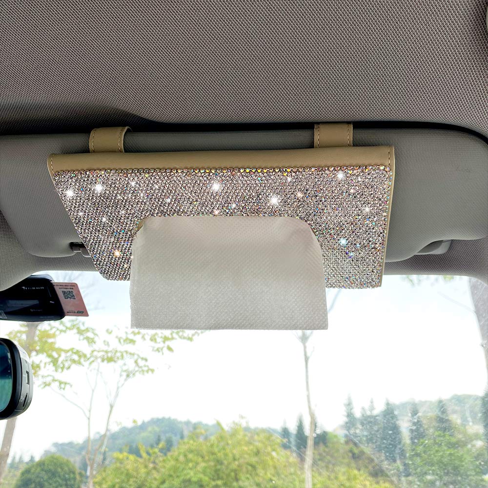 Sparkling Rhinestone PU Leather Napkin Holder & Car Tissue Box Organizer - Elegant Beige & White Hanging Backseat Sun Visor Storage for Cars | Perfect for Road Trips, Daily Commutes & Luxury Vehicle Decor
