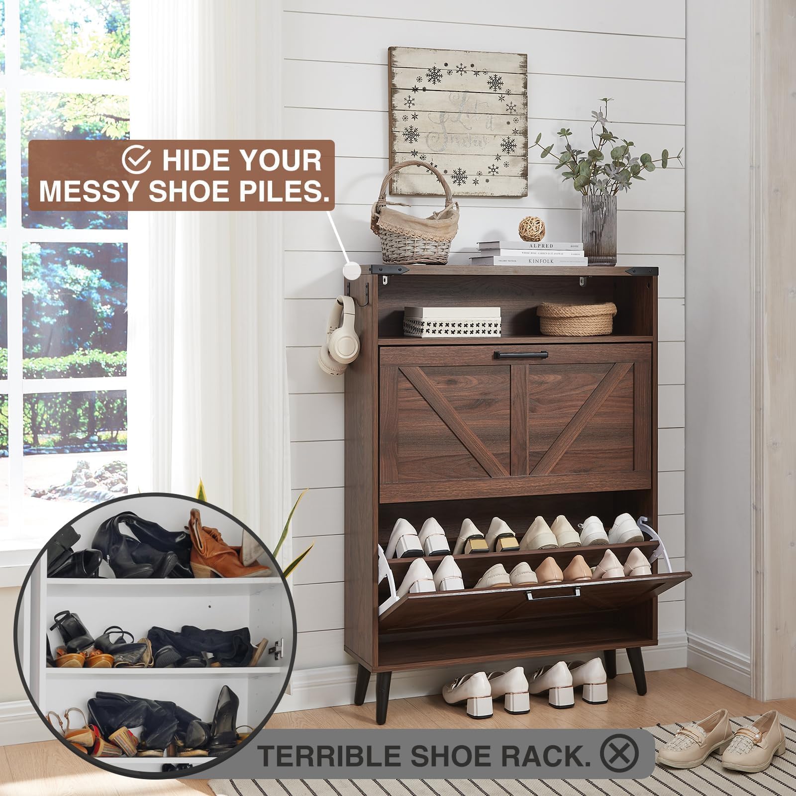 Farmhouse Shoe Storage Cabinet with 2 Flip Drawers & Barn Door Design - Freestanding Narrow Shoe Rack Organizer for Entryway, Hallway, Foyer - Walnut Finish for Small Spaces & Clutter-Free Home Organization