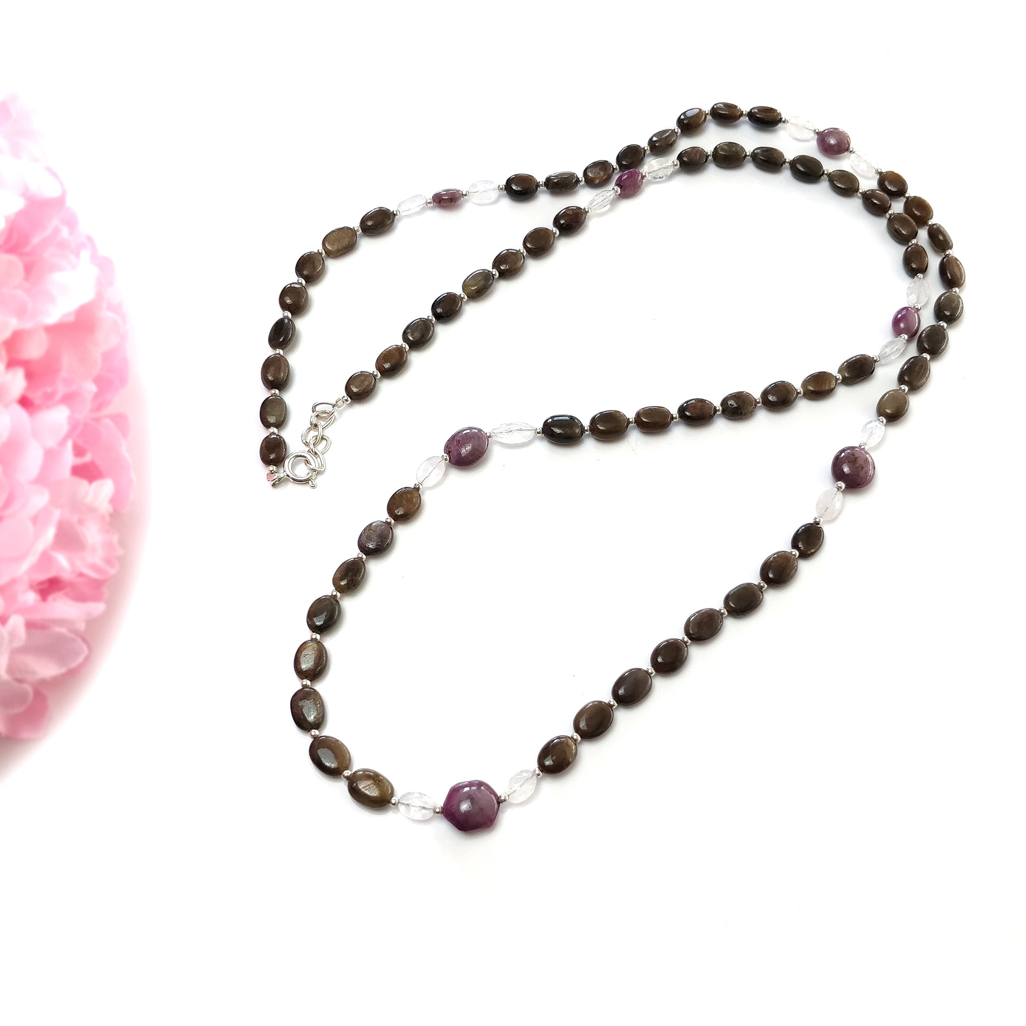 Natural Chocolate Sapphire Moonstone & Star Ruby Gemstone Necklace - 122.00cts Untreated Oval Stones with 925 Sterling Silver (6*4mm & 9*8mm) | Elegant Jewelry for Women, Perfect for Weddings, Parties & Special Occasions