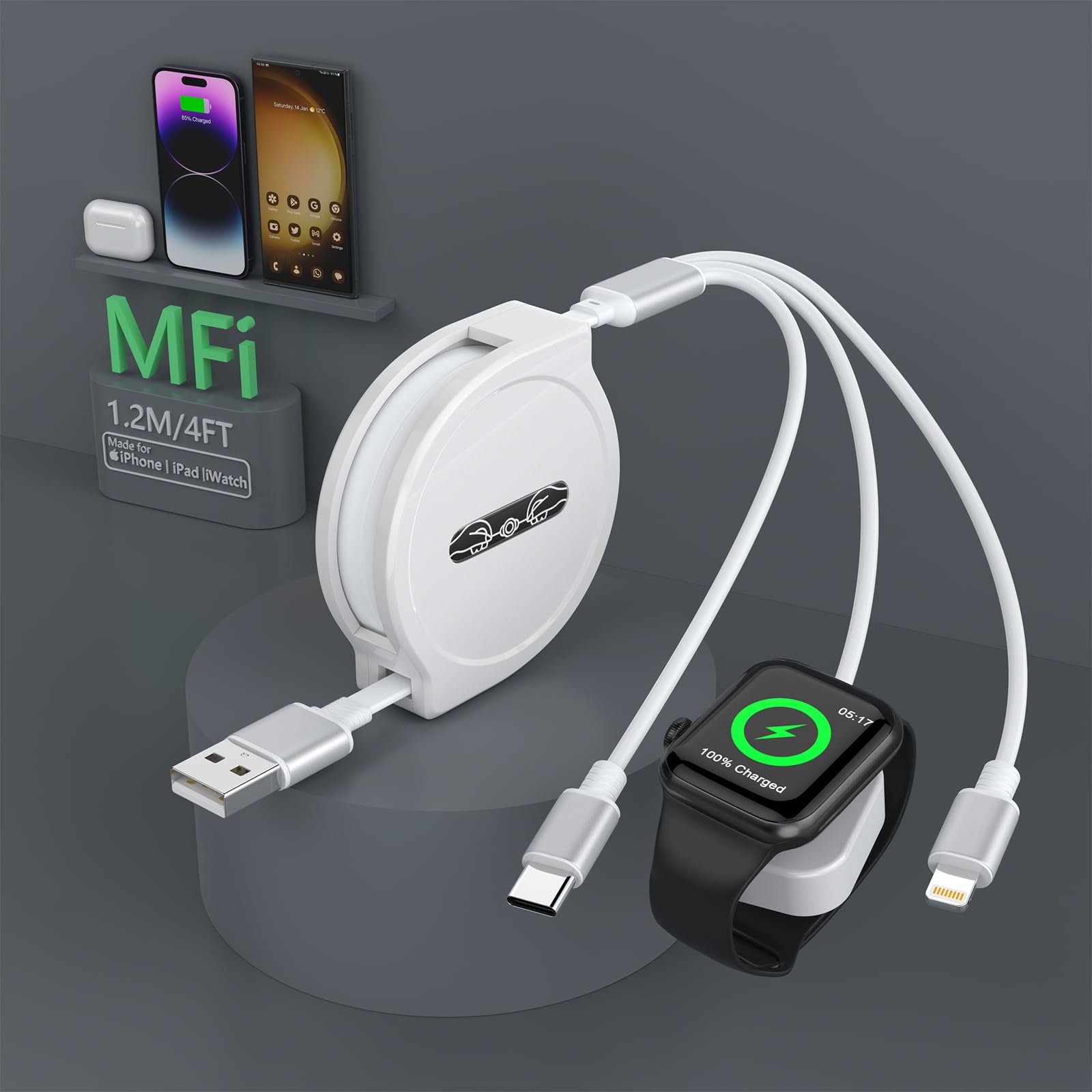 3-in-1 Retractable Charging Cable for iPhone & Apple Watch - Fast USB A to Lightning + Type C + iWatch Charger - Compatible with Most iPhones, iPads & Apple Watch Series (Perfect for Car, Home & Travel Use)