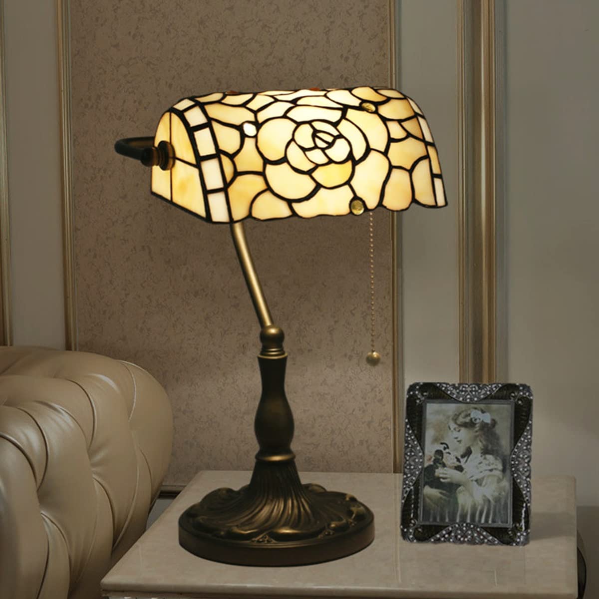 Tiffany Style Desk Lamp - Handmade White Flower Glass Shade with Pull Switch | Banker's Lamp & Decorative Table Light for Office, Bedside, Living Room, Bedroom, Bar & Cafe | Perfect for Reading, Study & Home Decor