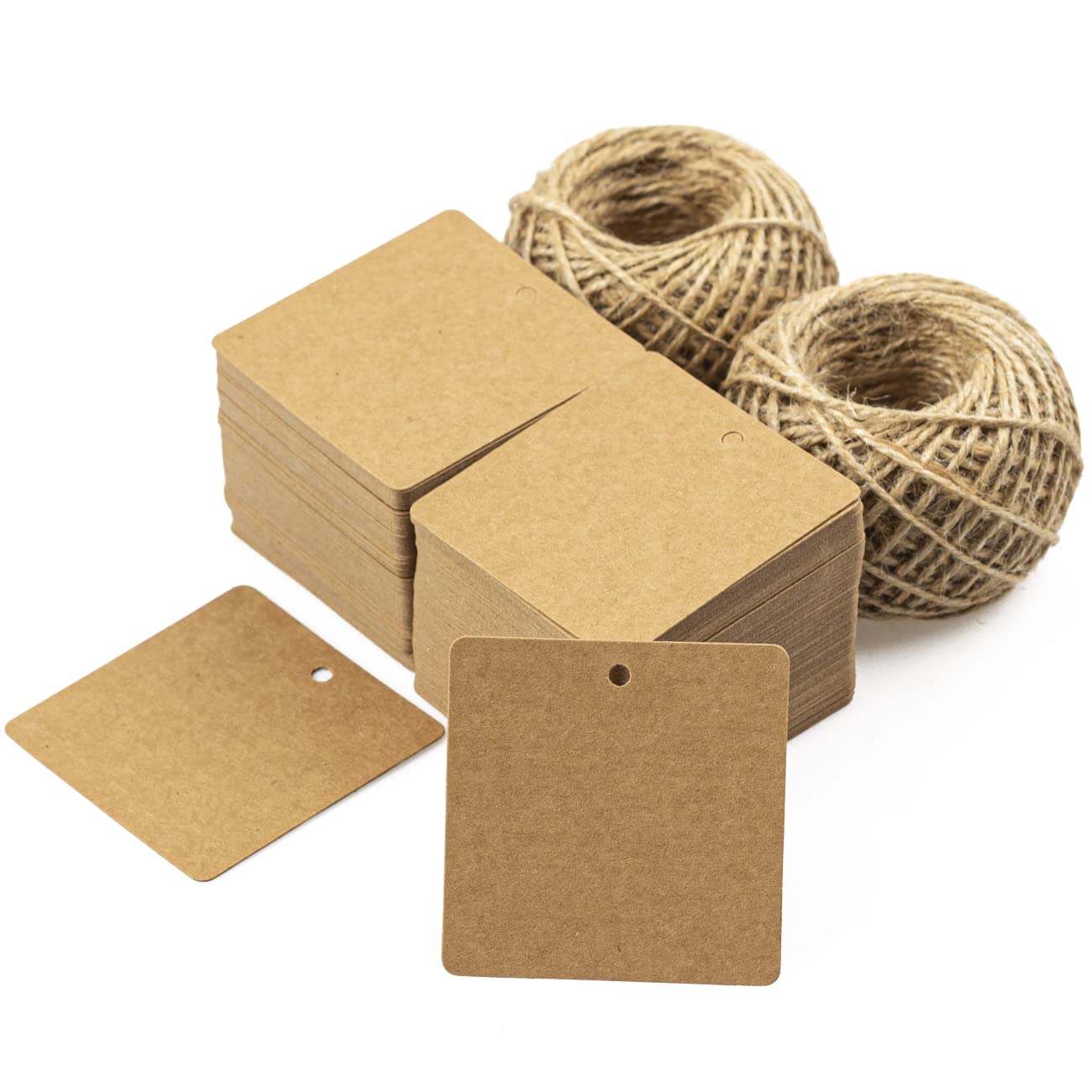 200 PCS Brown Kraft Paper Gift Tags with String - Blank Square Labels for Arts & Crafts, Wedding, Christmas - Includes 200 Feet Natural Jute Twine - Perfect for DIY Gifts, Party Favors & Holiday Decorations