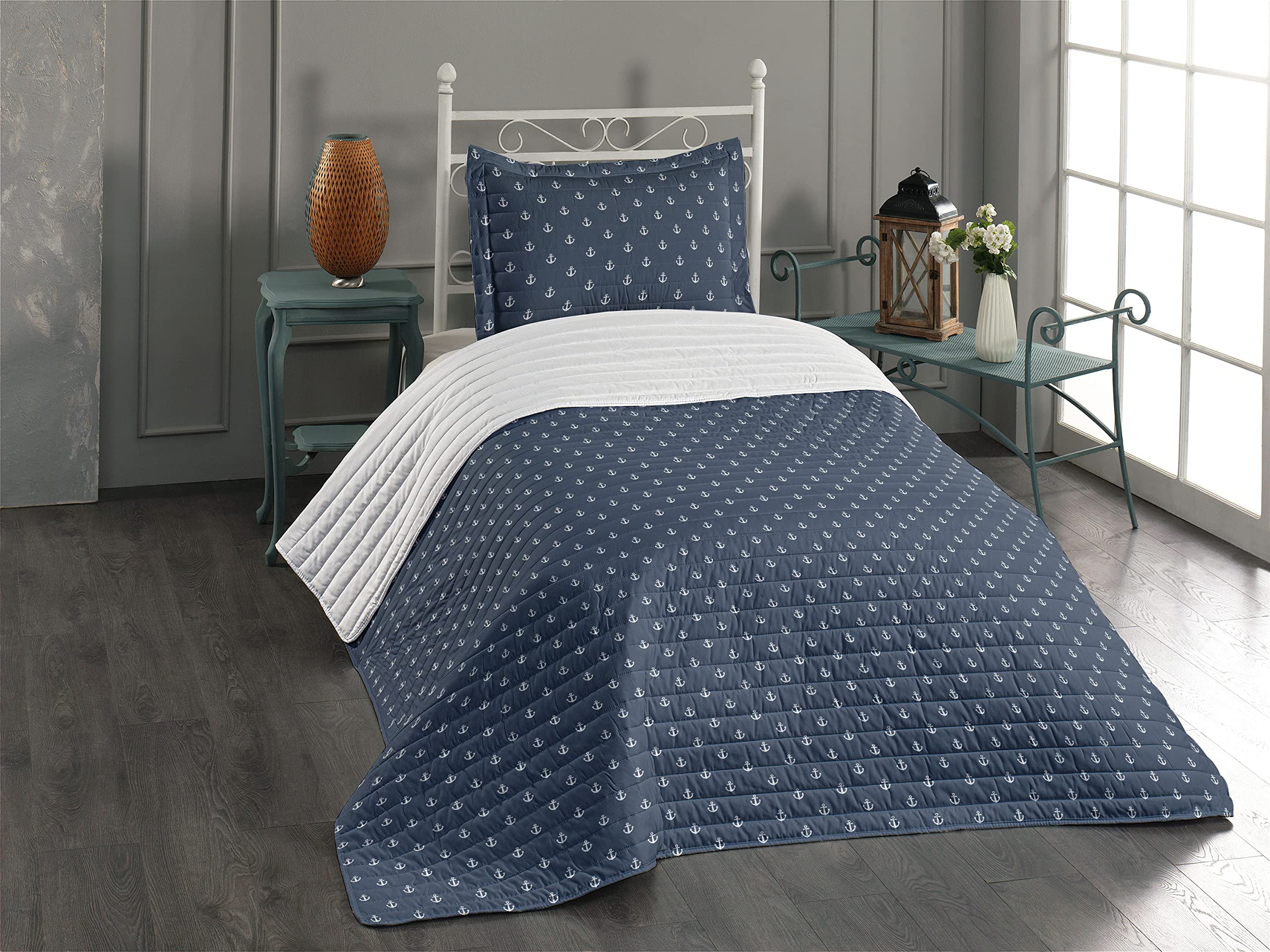 Ambesonne Nautical Anchor Bedspread Set - Twin Size Blue Grey White Microfiber Comforter with Pillow Shams | Sailor Theme Cruise Travel Inspired Soft Bedding | Perfect for Beach House, Guest Room & Coastal Decor