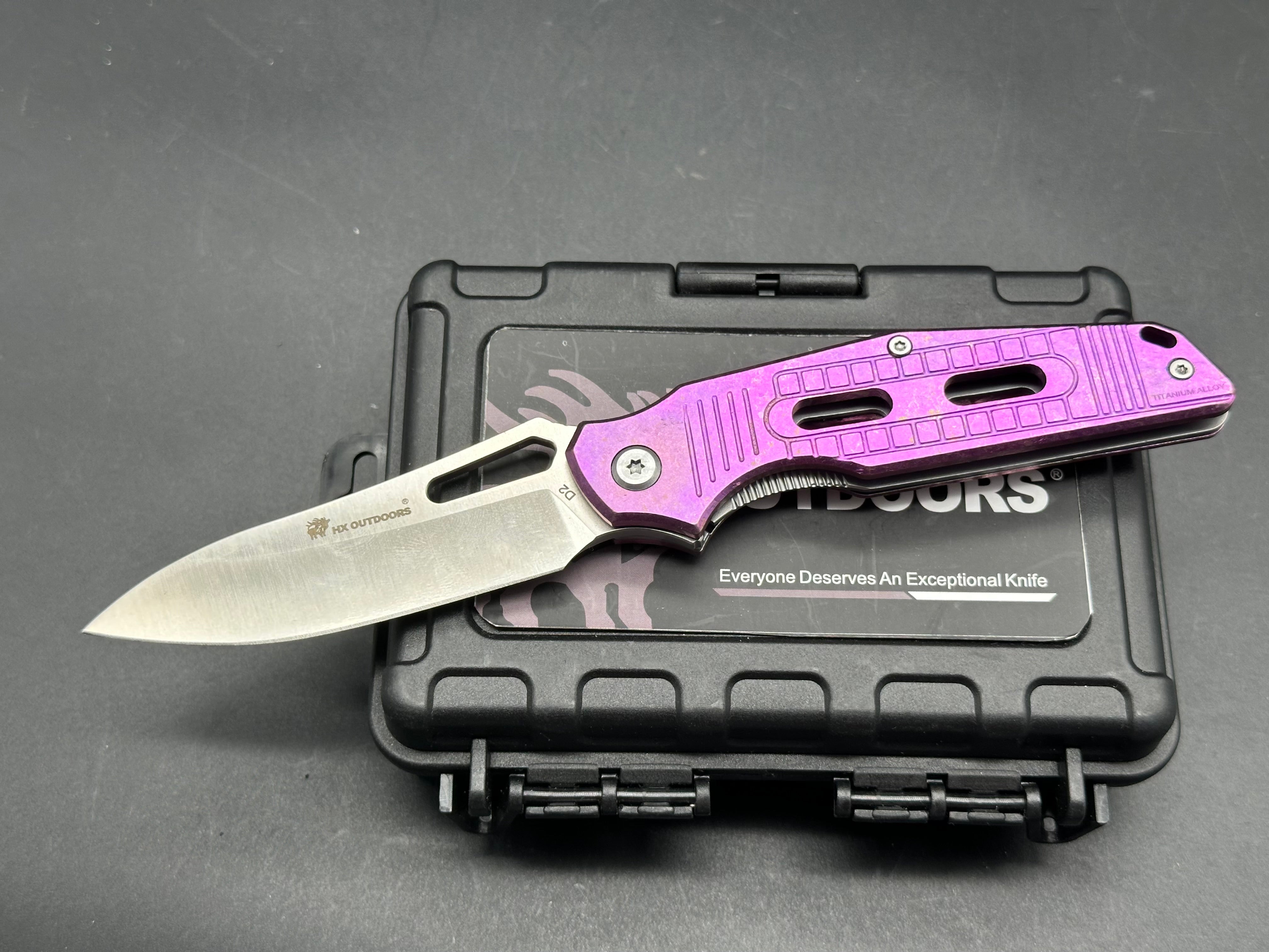 HX Outdoors TD15 T Purple Titanium Handle Folding Knife with D2 Steel Blade - Perfect for Camping, Hiking, Survival & Everyday Carry (EDC)