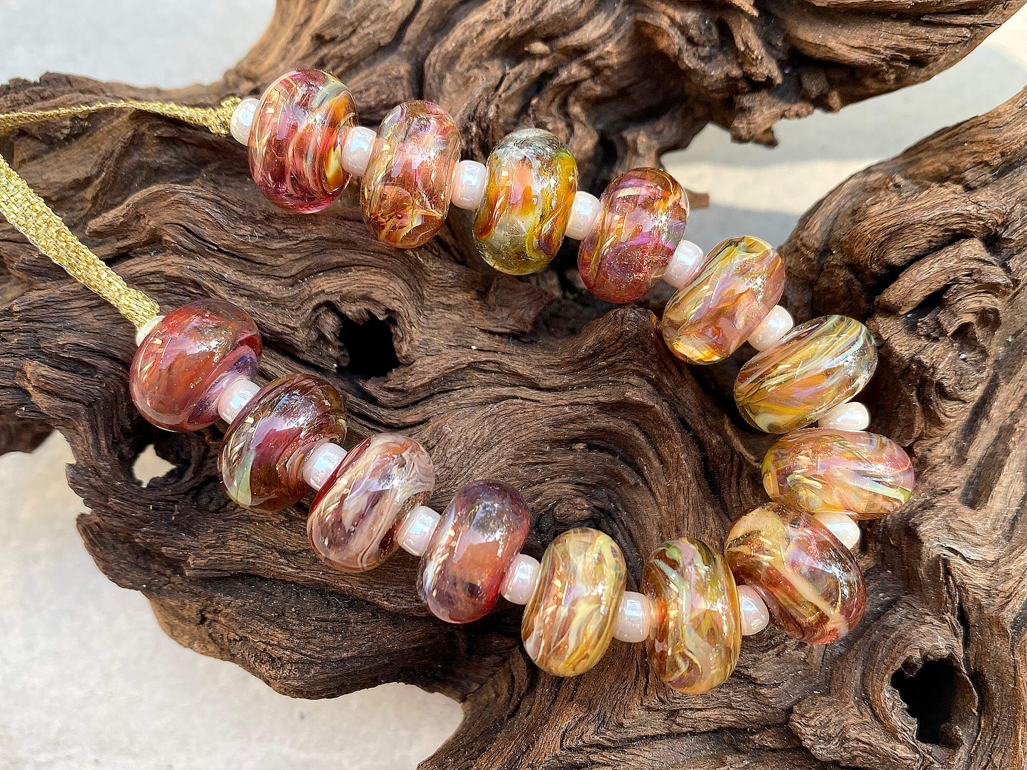 14 Handmade Fall Ruby Topaz Lampwork Glass Beads Set for Jewelry Making - DIY Necklace, Bracelet, Earrings - Perfect for Autumn Crafts & Gifts