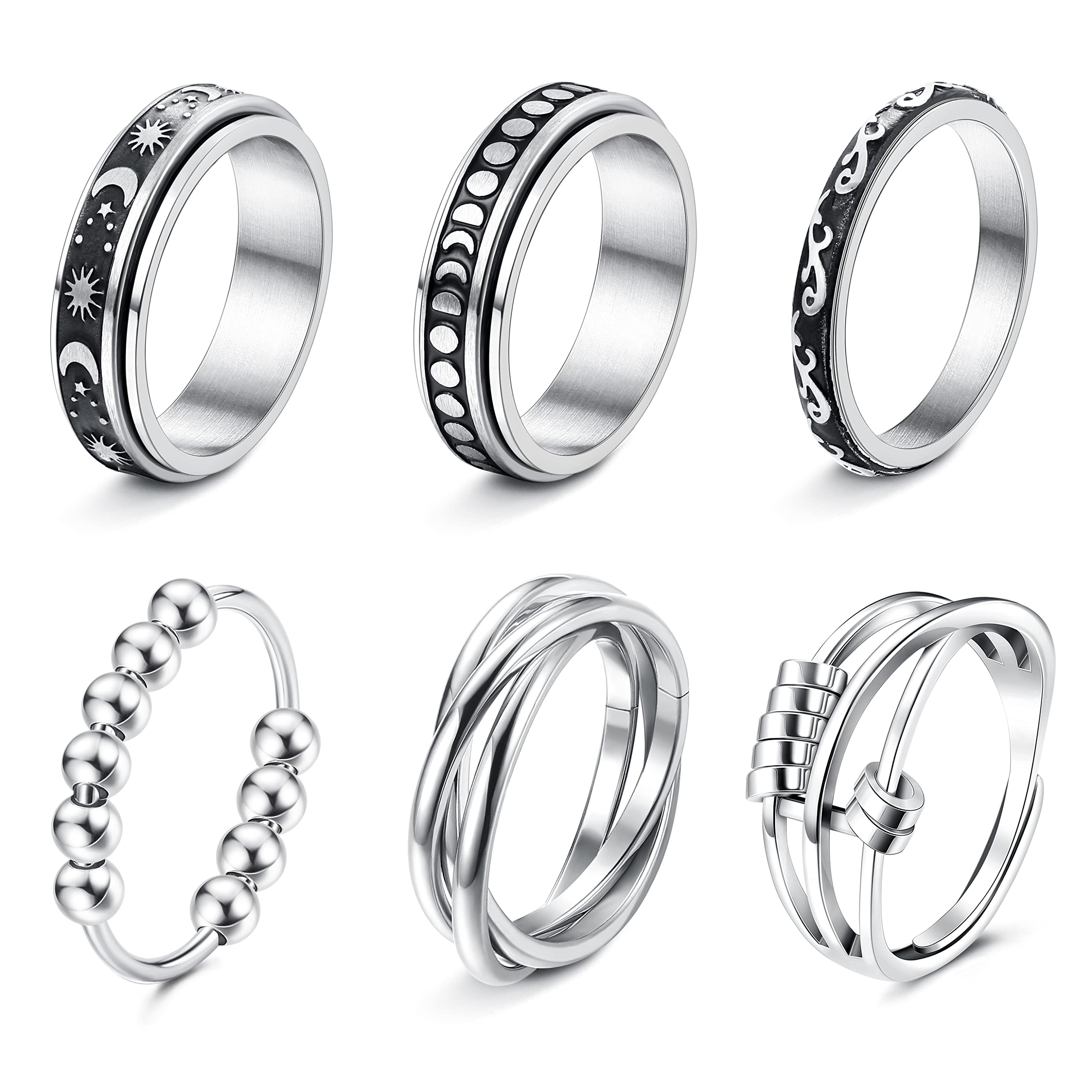 CASSIECA Stainless Steel Fidget Rings for Women & Men - Spinner Rings with Flower, Moon & Star Designs - Cool Anxiety Relief Rings for Stress & Focus - Wedding & Promise Rings Set (Sizes 5-11) - Perfect for Office, Travel & Daily Wear